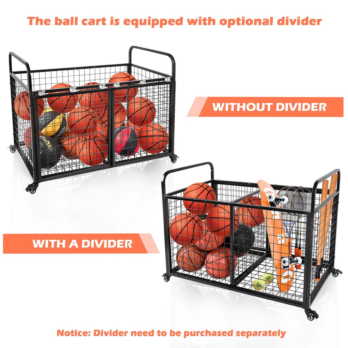 heodmaem Ball Cart Storage for Garage Compatible with Optional Divider, Extra Large Basketball Cage Bin for Indoor Outdoor, Heavy Duty Sports Equipment Organizer with Lockable Wheels for Gym, School