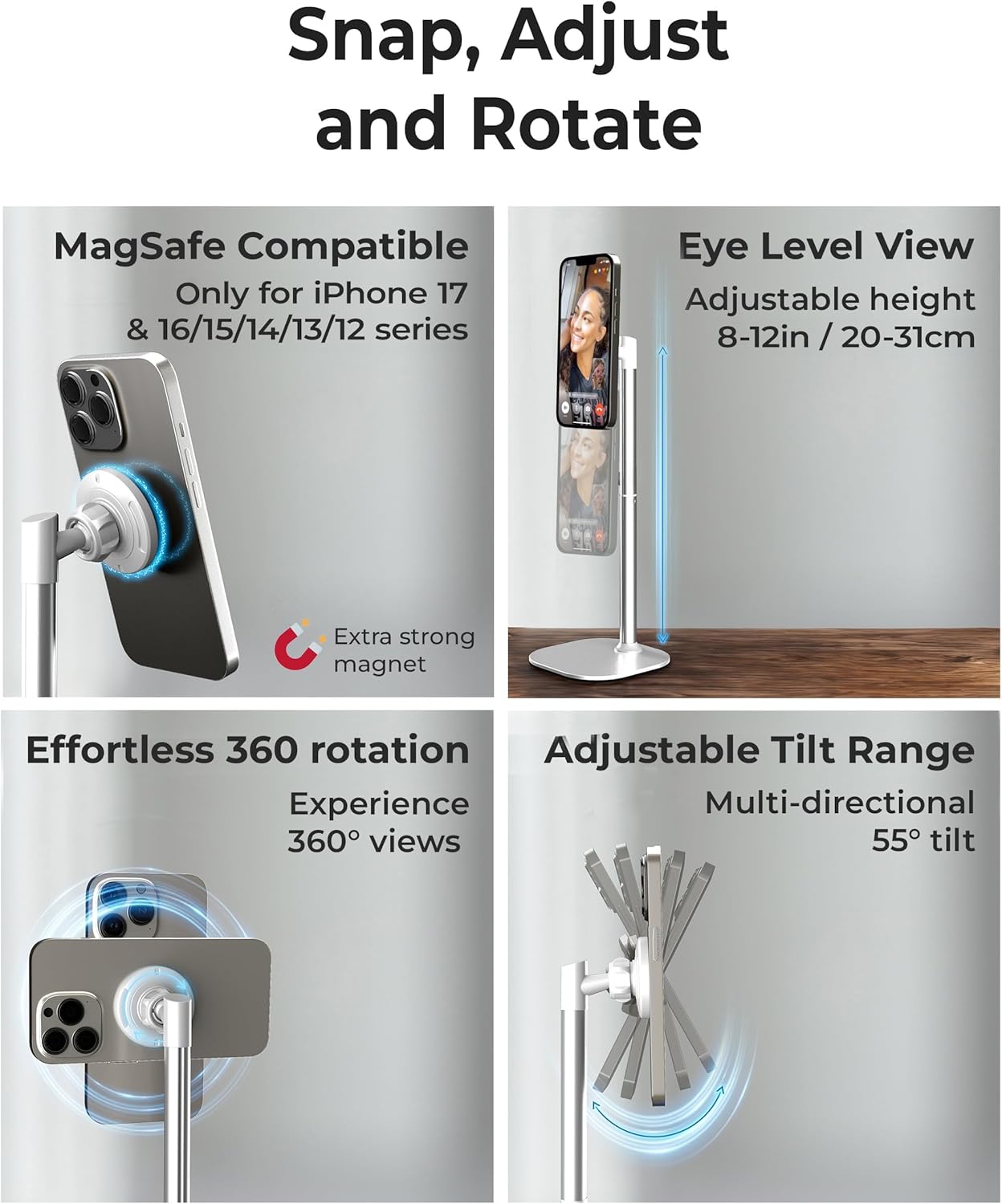 COOPER 17 16/15/14/13/12, MagStand, Adjustable Magnetic iPhone Stand for Desk & Phone Holder for Video Recording
