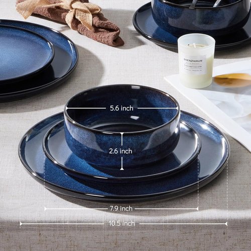 E-far Dinnerware Set - 12-Piece Stoneware Plates & Bowls for 4 | Microwave & Dishwasher Safe - Deep Sea Blue