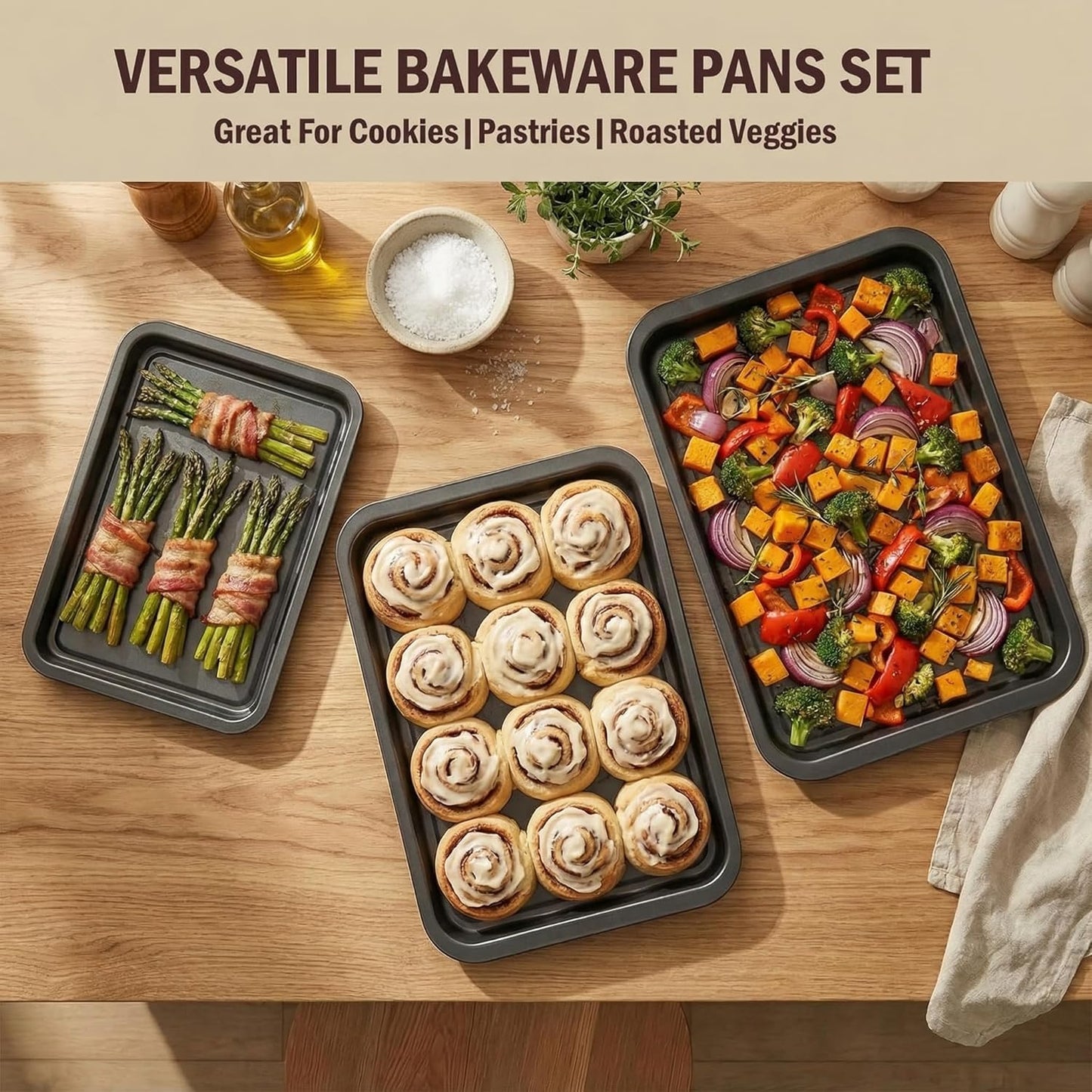 Skiennix Nonstick Baking Sheet Pan Set of 3 - Stackable, Multi-Depth, Rust & Warp Resistant, Easy Clean