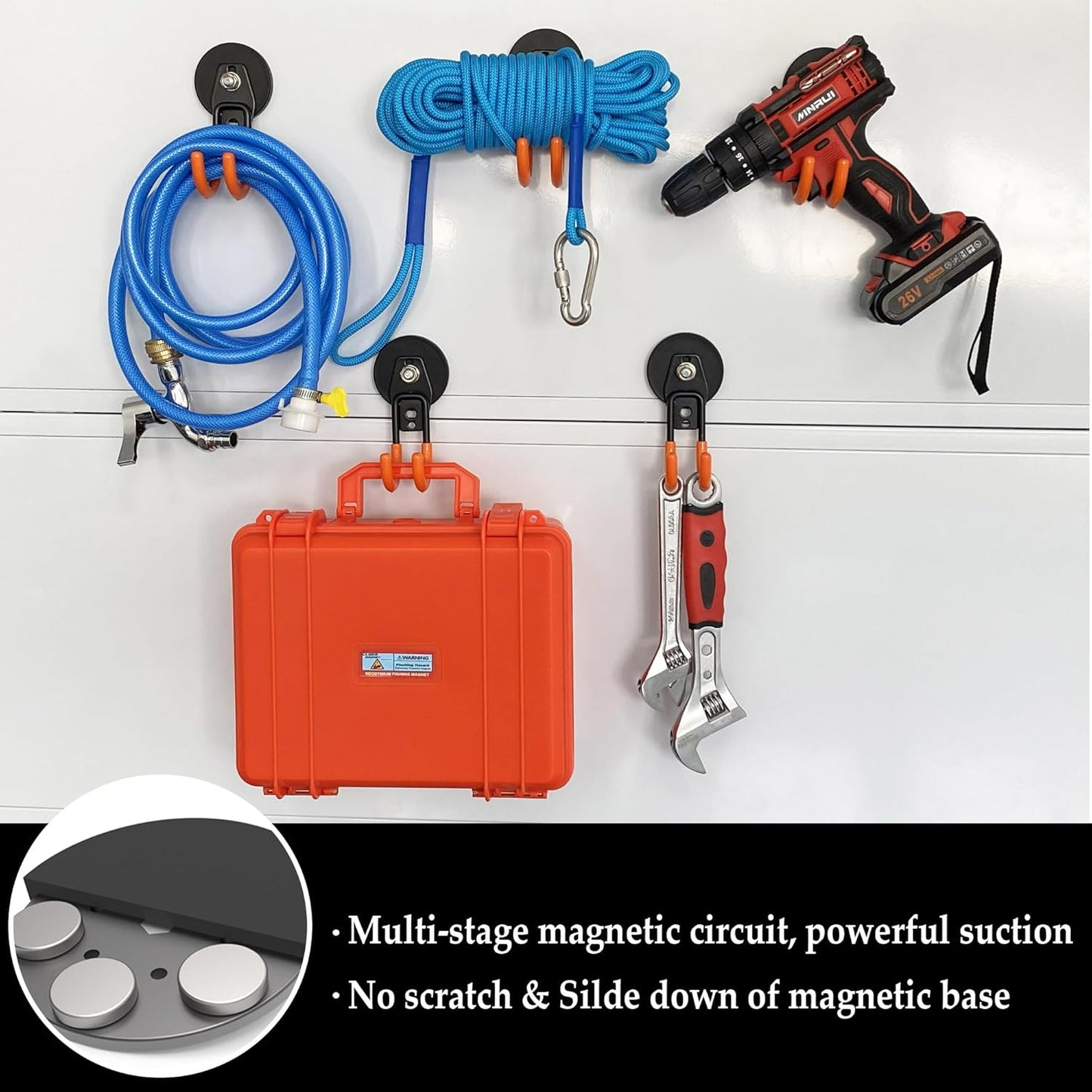 ULIBERMAGNET Heavy-Duty Magnetic Hooks - 4 Pack Black J Hooks with Anti-Slip Coating for Garden Tools & More