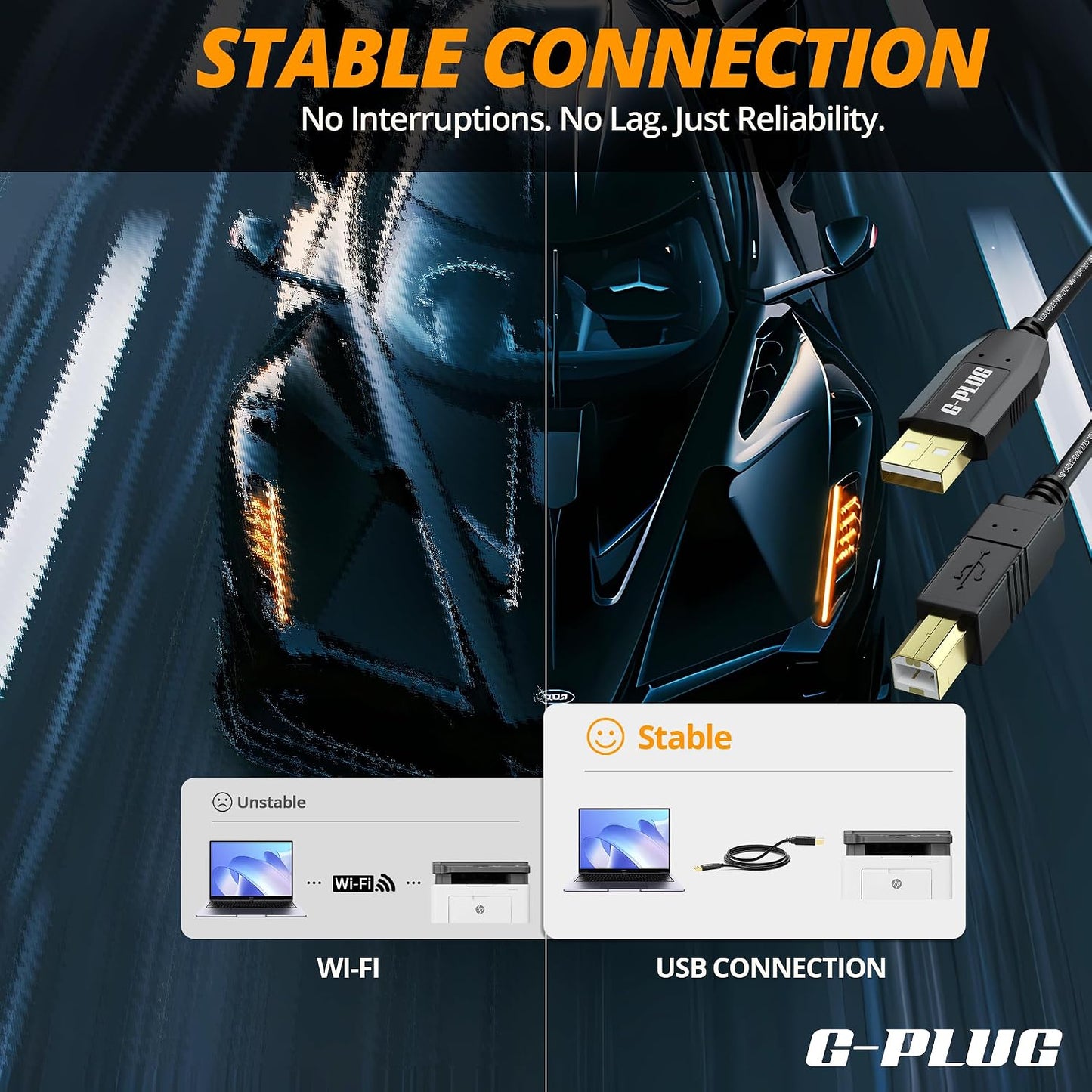 2.0 6FT G-PLUG USB Printer Cable High-Speed USB A to B Cord, Compatible with Printers, Scanners, Fax Machines and More