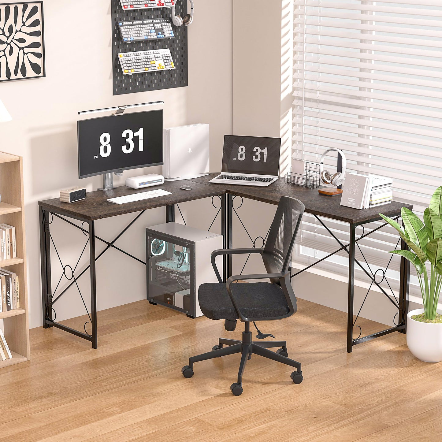 VECELO 59" L Shaped Computer Desk, Corner Computer Desk, Sturdy Home Office Computer Table for Small Space, Writing Desk, Larger Gaming Desk Workstation,Oak Gray