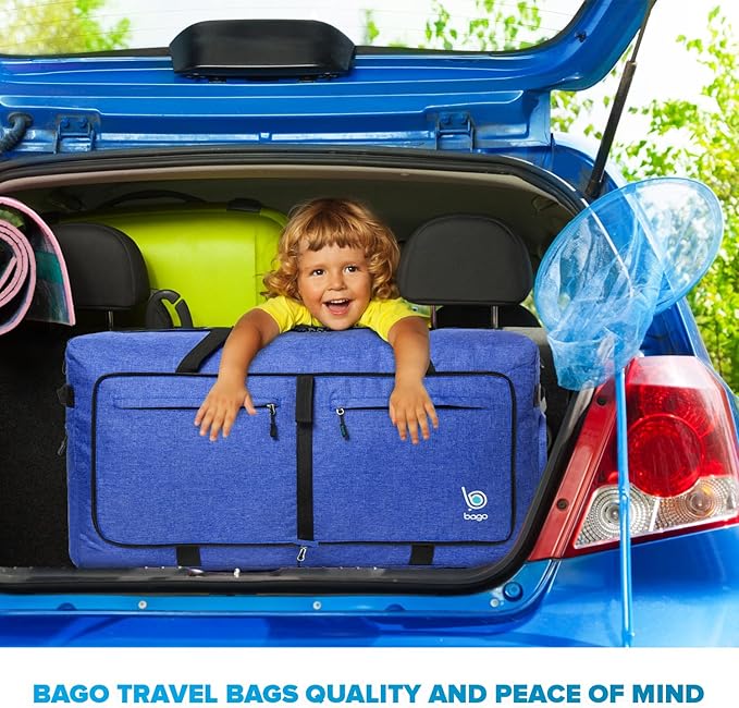 Bago Big XXL Foldable Duffel Bags for Traveling Women & Men - 140L Packable Duffle Bag for Travel with Shoe Compartment - Water Repellant, Heavy Duty, Lightweight Folding & Collapsible (SnowDepBlue)