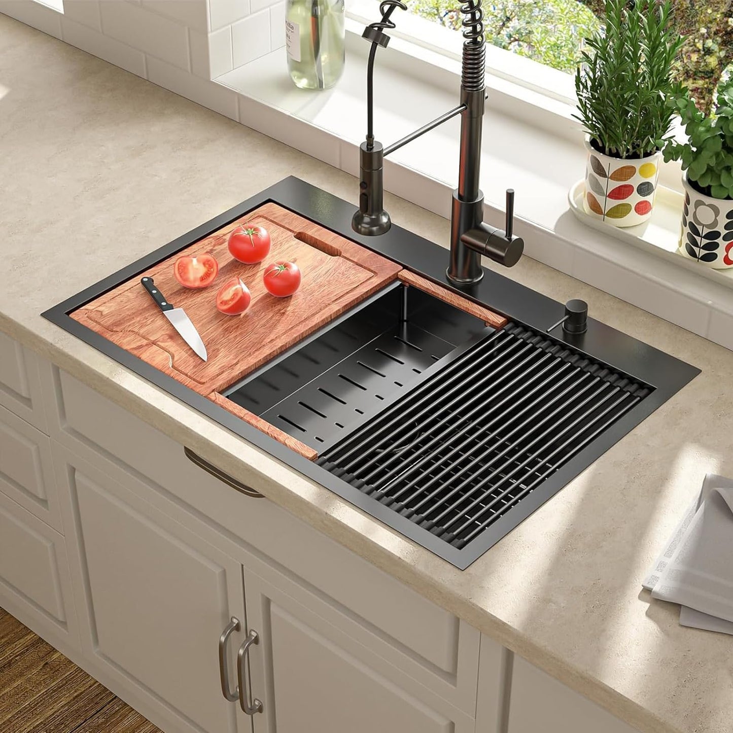 Lordear 30 Inch Black Kitchen Sink Single Bowl Workstation Sinks 16 Gauge All In One 30x22 Kitchen Sinks Stainless Steel Gunmetal Black Sink 30"