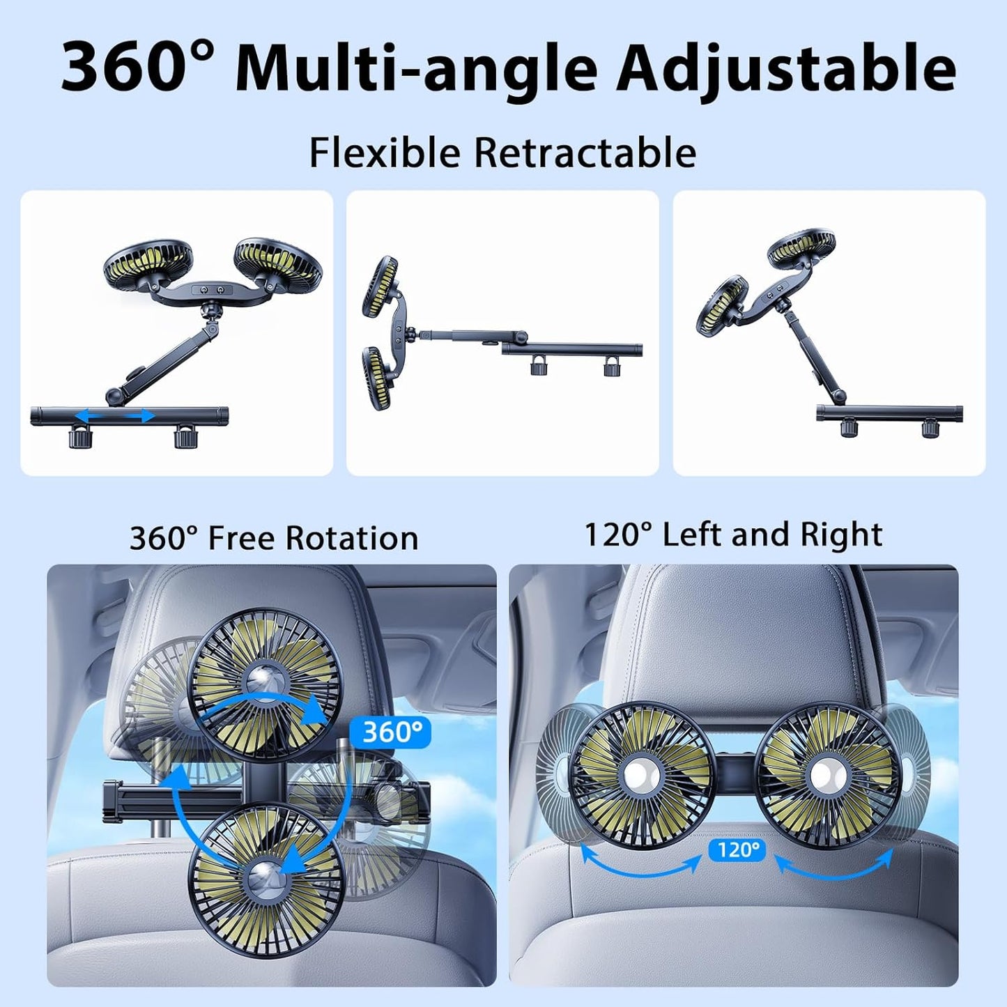 Cable*1] Battery Fan for Car Backseat Kids with Retractable Long Arm, Rechargeable Car Seat Fan That Blow Cold Air