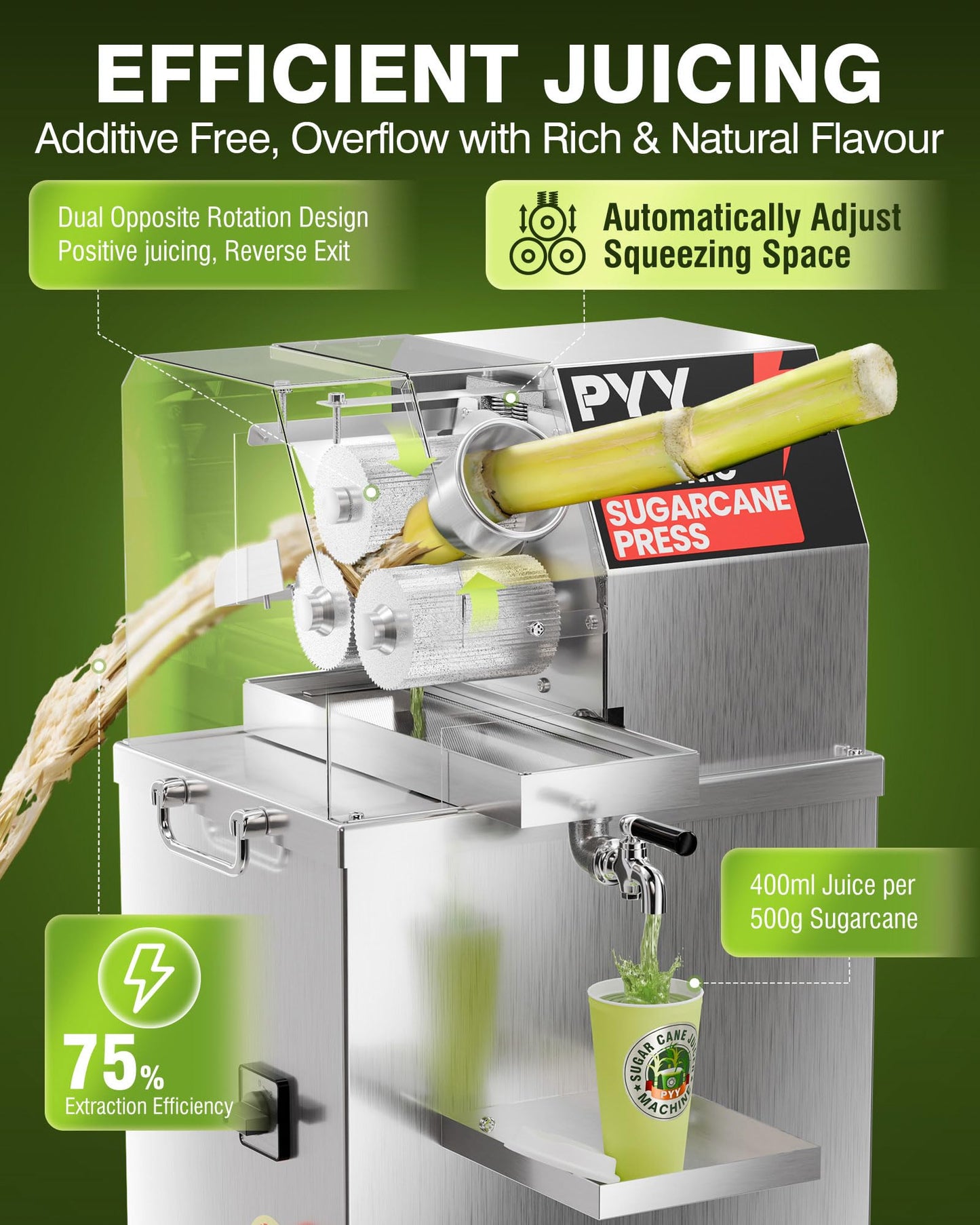 PYY Commercial Sugar Cane Juicer Machine - Electric 3-Roller Sugarcane Juice Press Stainless Steel Extractor, Sugarcane Machine with Cleaning Brush, 2 Peelers,Straws and Cups, 800W 110V 29Inch