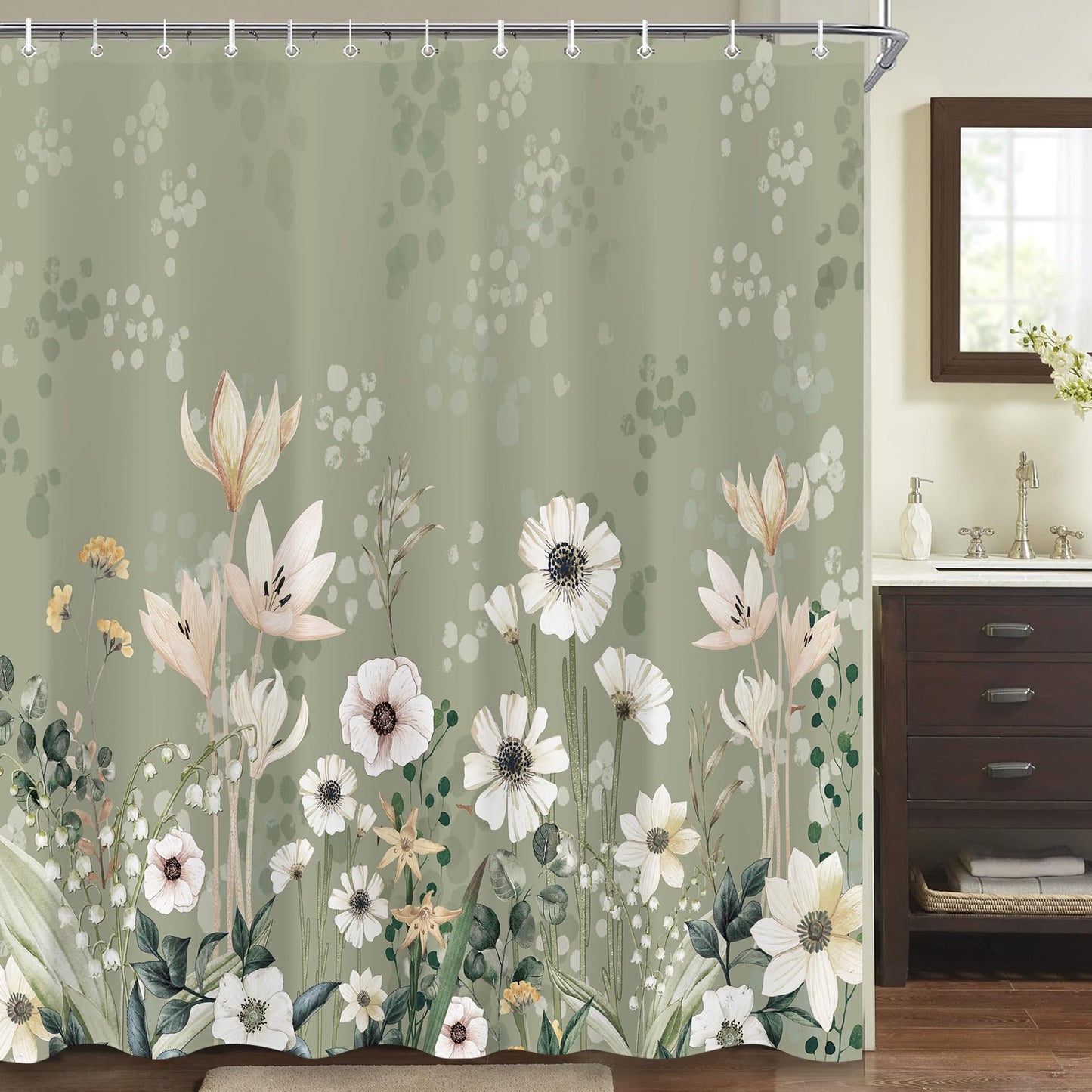 oolygoo Green Boho Floral Shower Curtain 60"X72" Flower Shower Curtain Set for Bathroom Plant Botanical Leaves Chic Pretty Waterproof Bathtub Curtain Decor Wildflower Bathroom Curtain with 12 Hooks