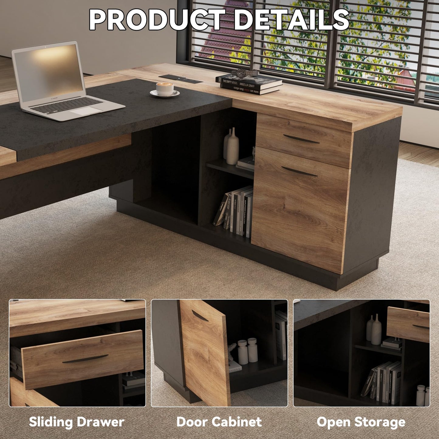 GT BLACK TURNSTONE Office Desk with Drawers, 78.74 Inches L-Shape Executive Desk, Industrial Wood Desk with Storage Shelves, Modern Computer Desk for Home Office, Black and Wood, Right