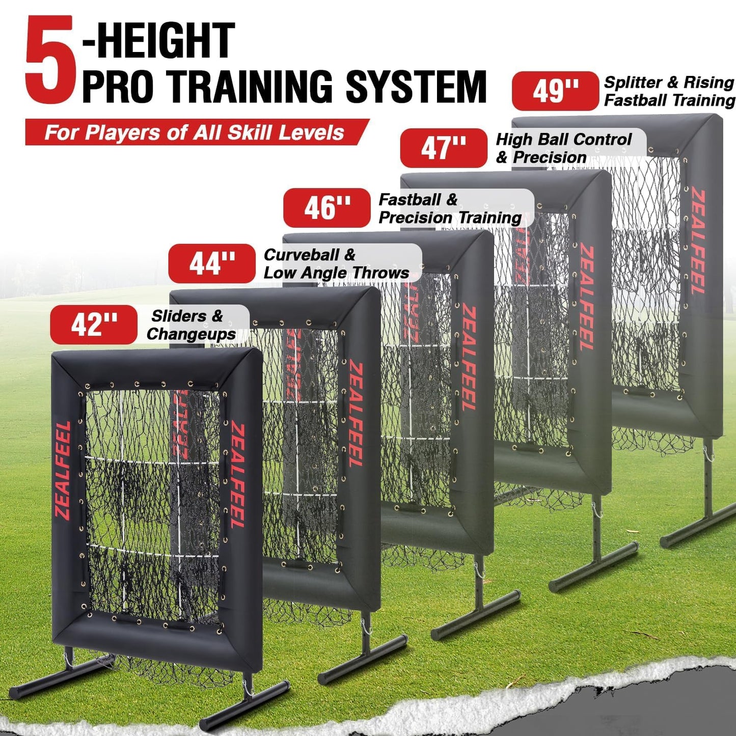 ZEALFEEL Baseball Pitching Net Pro, 9 Hole Pitching Target with Strike Zone Target, 5 Height Adjustable, Portable Easy Setup Trainer Net for Baseball & Softball with Ball, Home Plate & Pitching Rubber