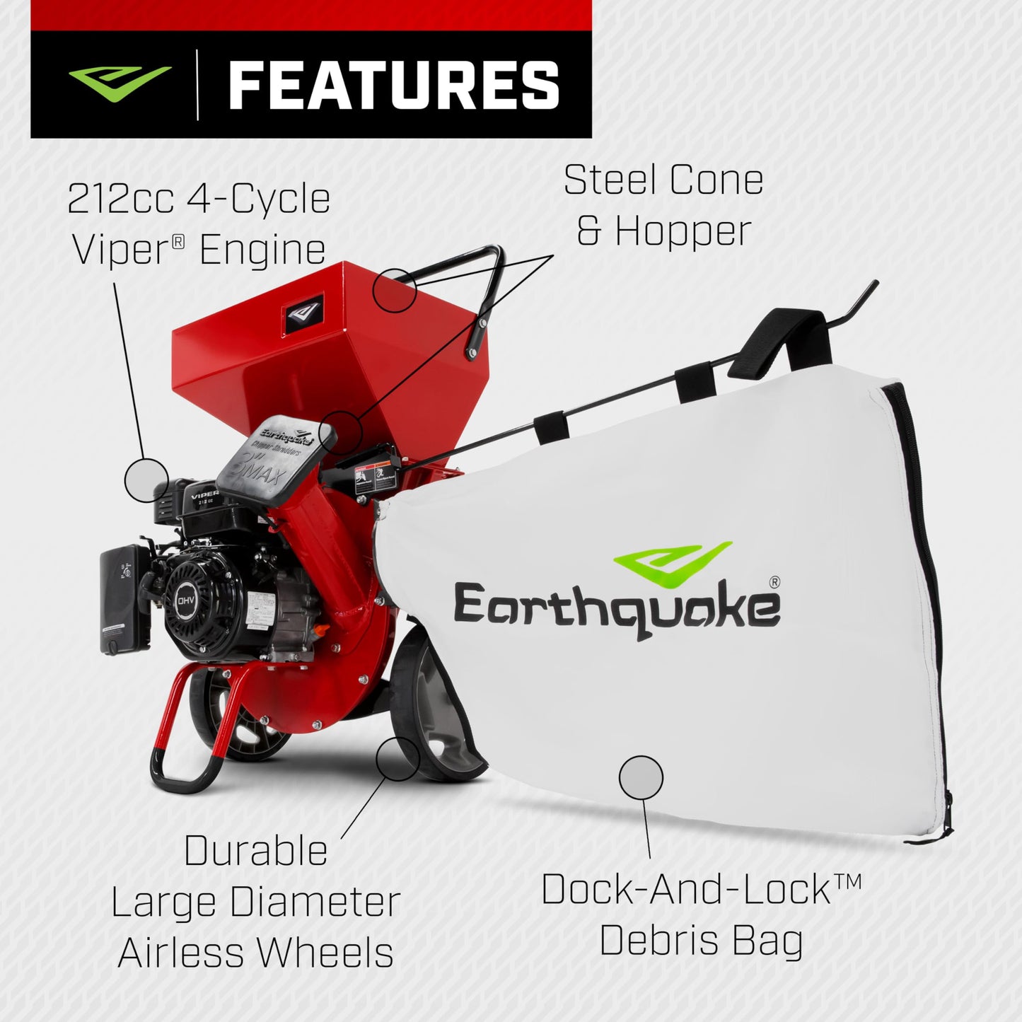 Earthquake 33968 K32 Chipper Shredder, Heavy Duty 212cc 4 Cycle Viper Engine, Chip Branches up to 3” in Diameter, 20:1 Reduction, Airless Wheels, Included Debris Bag, Red