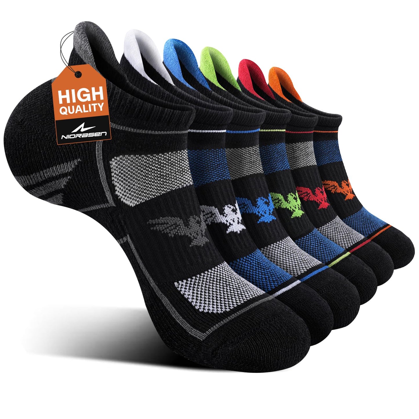 Niorasen Mens Running Socks 6 Pairs with Arch Compression Support, Cushioned & Breathable Ankle Socks for Men, Moisture Wicking Black Athletic Sock for Training Jogging Walking