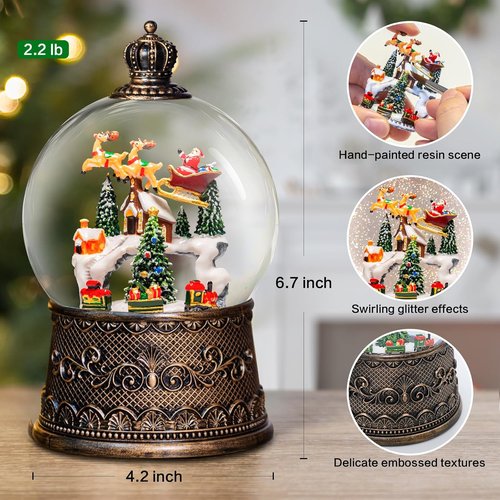 Christmas Snow Globes Lantern - Musical Winter Village Scene with Swirling Glitter | USB/Battery Powered, 6-Hour Timer
