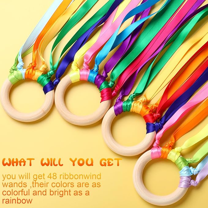 Junkin Ribbon Rings Hand Kite Waldorf Toys Dancing Wrist Ribbons Rainbow Streamers with Wood Ring Sensory Learning Educational Toy for Playroom Dancing Birthday Party Gift(Rainbow,48 Pcs)