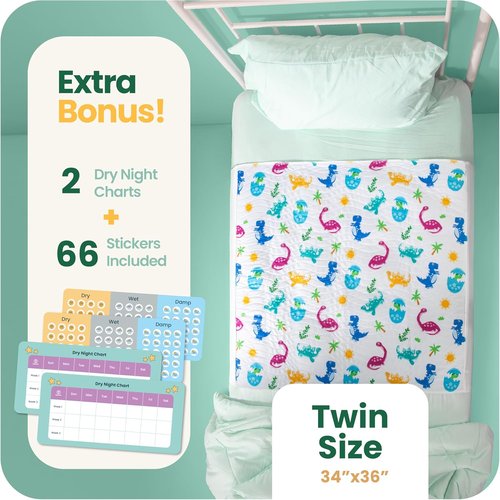 IMPROVIA® Pee Pads for Kids - Bed wetting Pads for Kids Potty Training Bed mats for Toddlers Waterproof Reuseable Washable Absorbent, Non Slip - Dino Design - Twin Size 34”x36