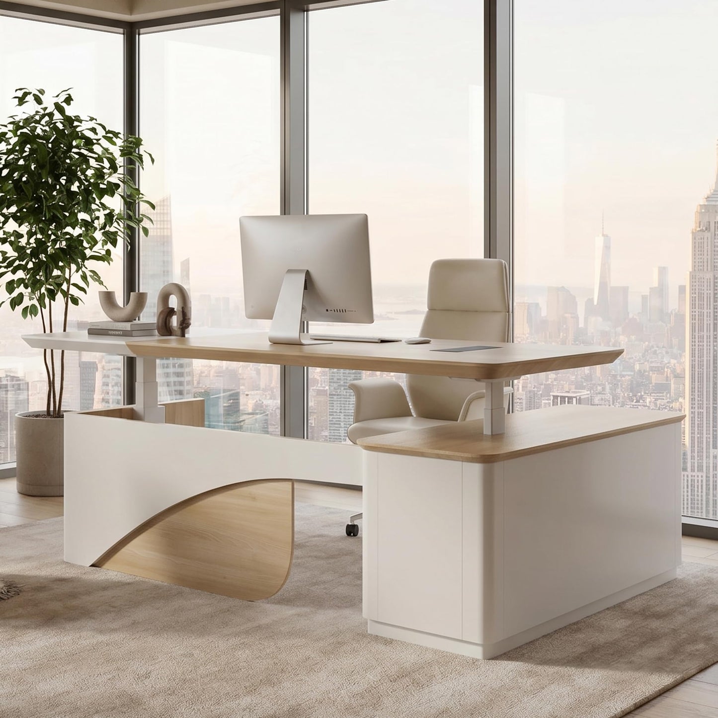 SAINTCY 86" L Shaped Standing Executive Desk with Drawers and Shelves,White Electric Adjustable Height Desk with Charging Station and Privacy Panel for Home and Office, Light Walnut