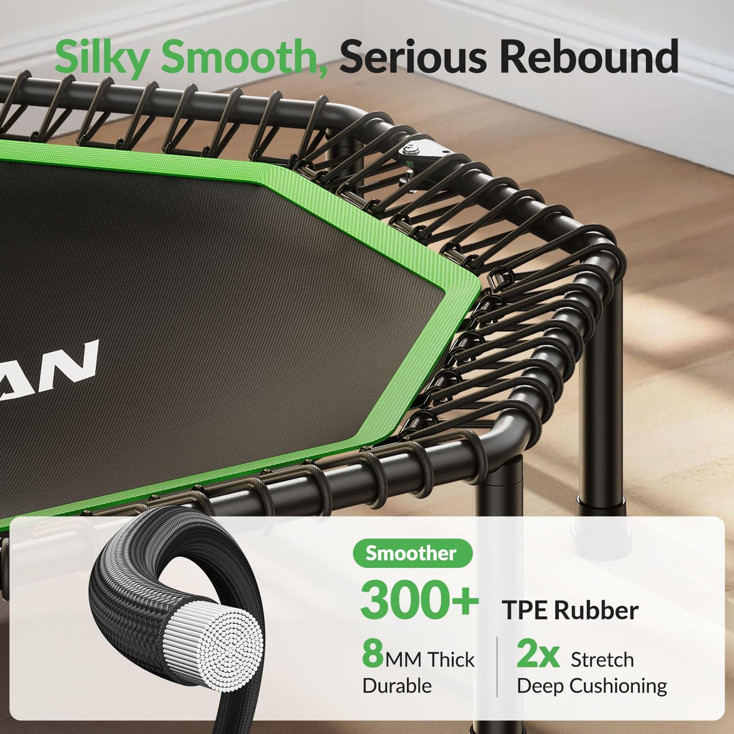 BCAN BT3 51" Octagonal Rebounder Trampoline for Adults, 450LBS Max Load Fitness Trampoline with Large Jumping Area, Silent Bungee Mini Trampoline with T-Adjustable Handle for Home Gym-Green