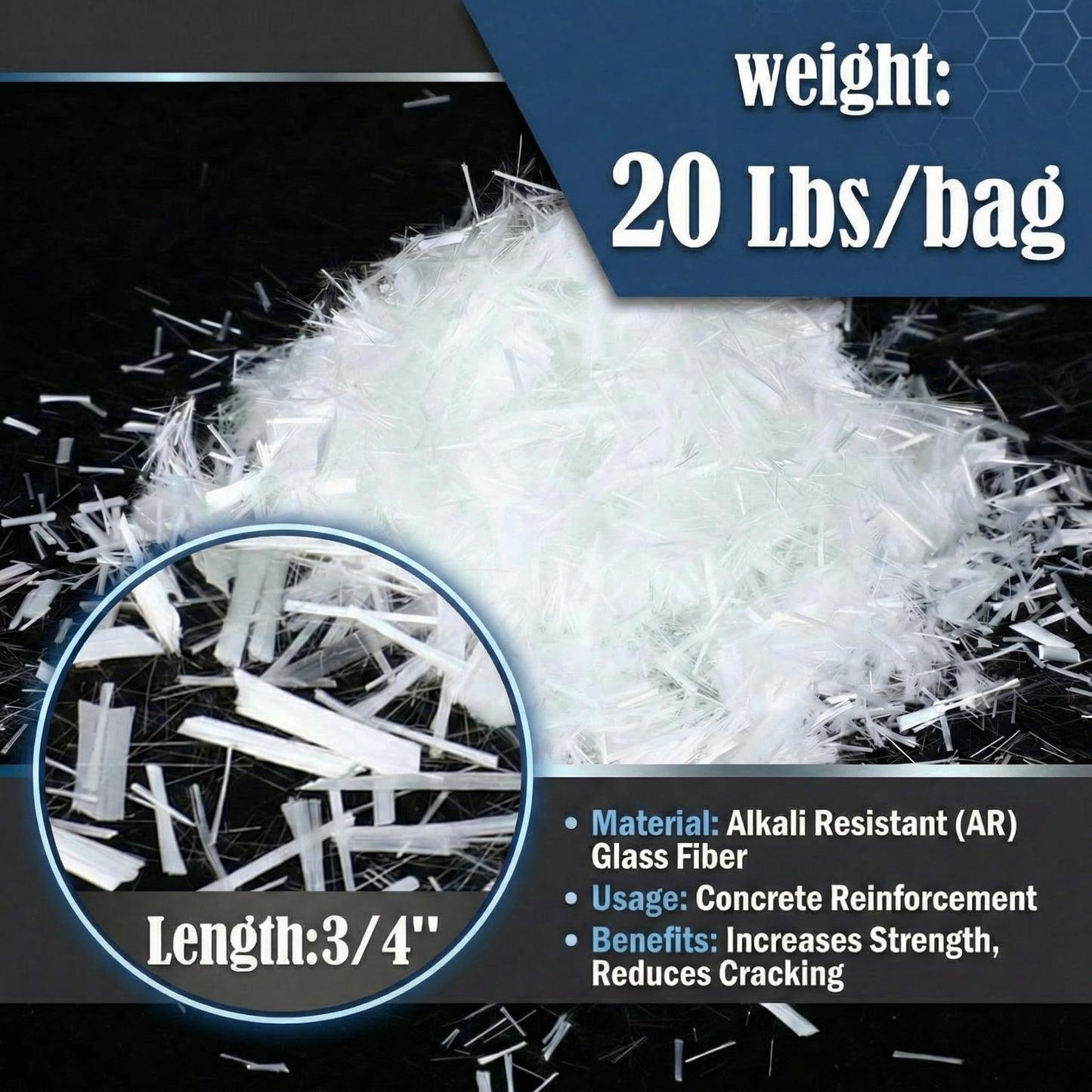 20 Lb 3/4'' (19 mm) Fiberglass for Concrete Cement Mortar Mix, Reinforcement Anti Seepage Anti Cracking White Fibers Fiberglass for Concrete Building Walls Garden Floor