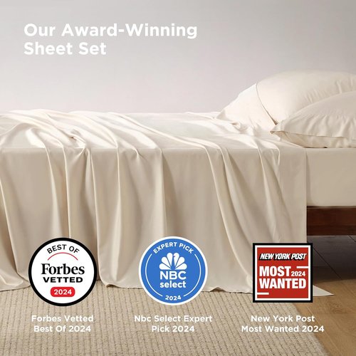 Bedsure Queen Sheet Set - Cooling Bamboo Rayon Sheets | Breathable & Soft, Deep Pocket Up to 16", Light Beige
