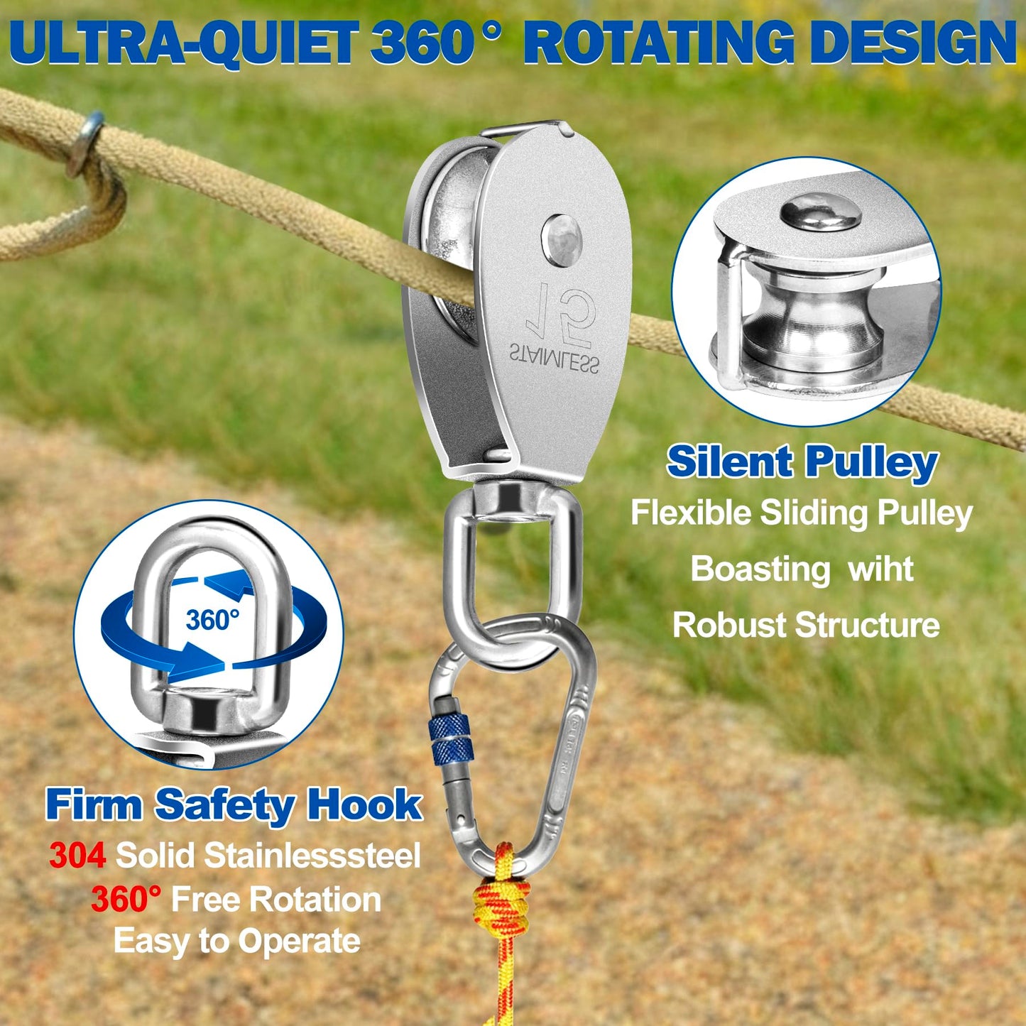 Cable Pulley Wheel Stainless Steel, 8 Pack M15 Single Pulley Snatch Block, Heavy Duty Lifting Crane Swivel Hook, Bearing Inside Rope Pulleys for Lifting System Gym Equipment Clothesline, 77 lbs Load