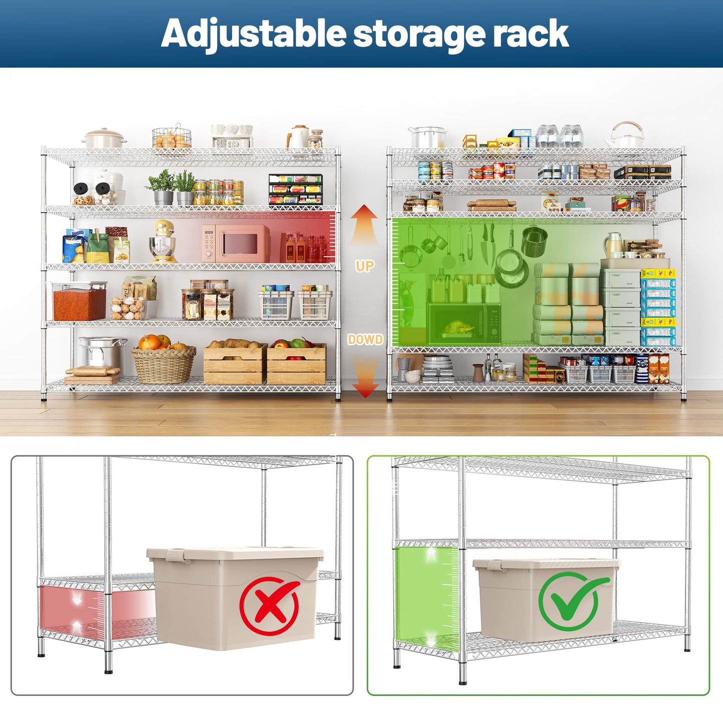 REIBII 55.5" W Storage Shelves 3200LBS Metal Shelving 5 Tier Wire Shelving Garage Shelving Heavy Duty Metal Shelves for Shelving Unit Commercial Adjustable Shelf, 55.5" W X 18''D X 71" H，Chrome
