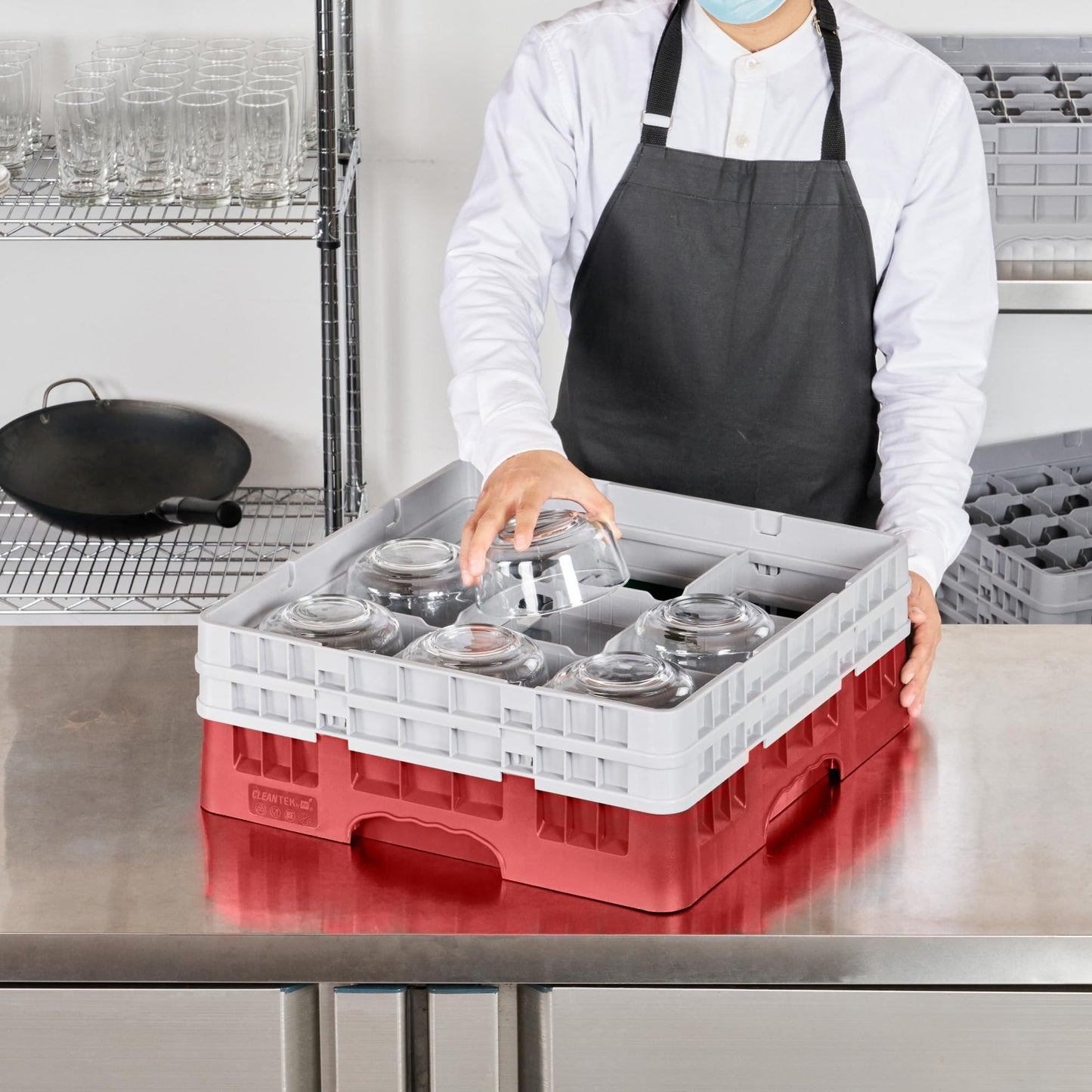 Restaurantware Clean Tek Professional 9 Compartment Glass Rack,1 Heavy Duty Durable Tray, With 1 Full Drop Extender and 1 Half Drop Extender, Red Glass Holder For Restaurants, Bars, and Pubs