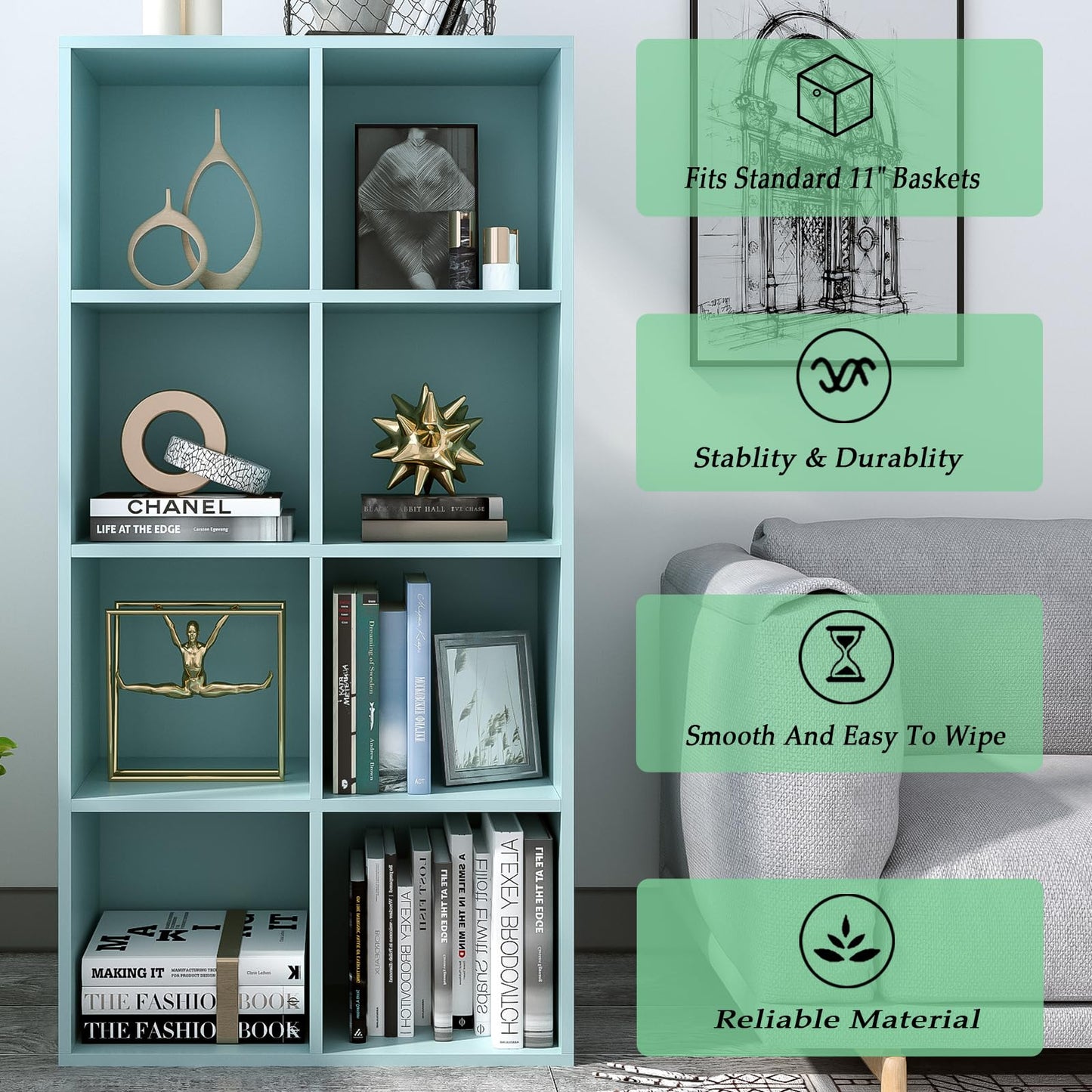 OSCHF 8-Cube Storage Shelf Bookcase - Wooden 4-Tier Floor Standing Open Bookshelf, Modern TV Stand up to 55 Inchs for Home and Office, Light Blue