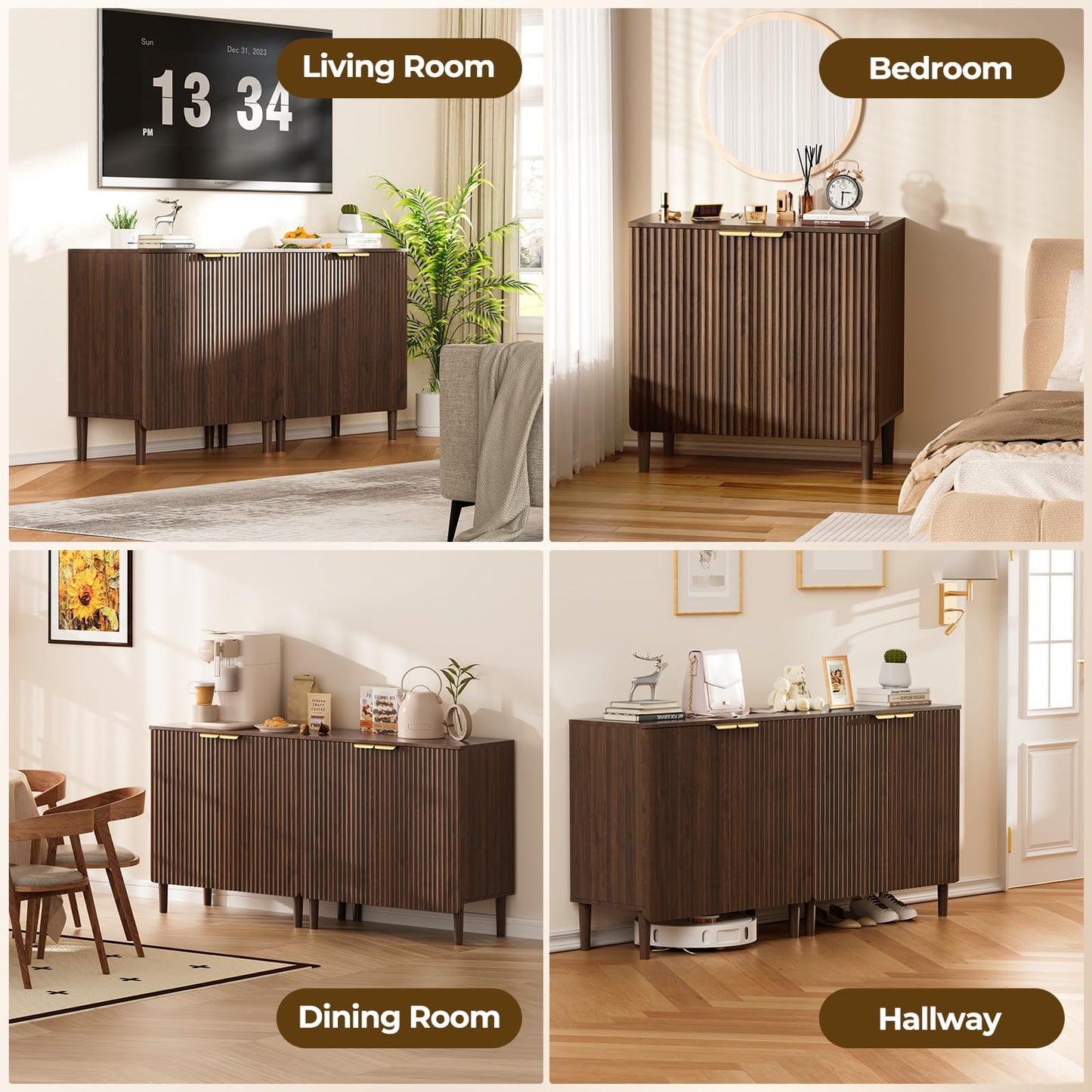 LOOMORA Sideboard Buffet Storage Cabinet - Wood Cabinets with Adjustable Shelves Fluted Doors, Anti-Tip Console Table for Kitchen Dining Living Room or Entryway Hallway, Easy Assembly, Walnut
