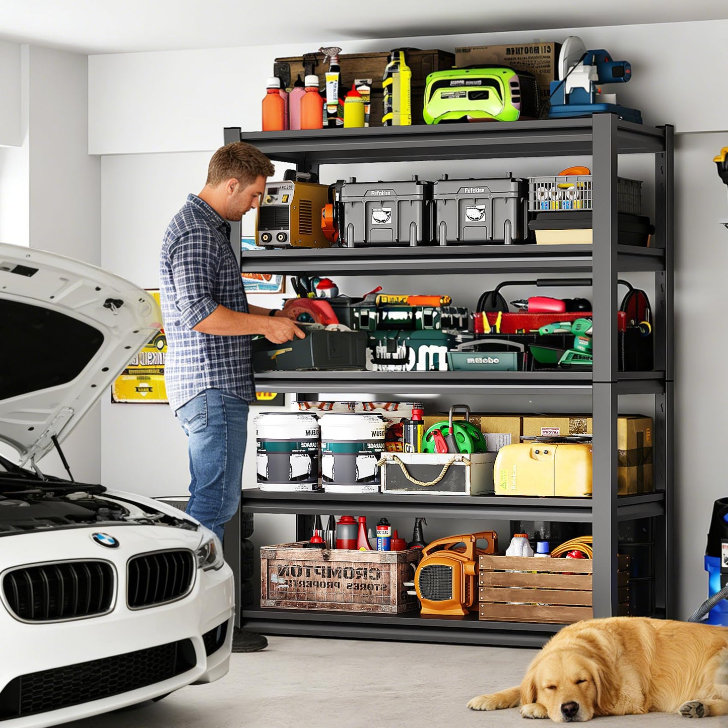 LLIIFFEE Garage Shelving, 5-Tier Garage Storage Shelves, 2000LBS Heavy Duty Shelves, 72" H x 59" W x 19.6" D Metal Shelving Unit, Utility Adjustable Storage Shelf for Warehouse, Basement, Closet