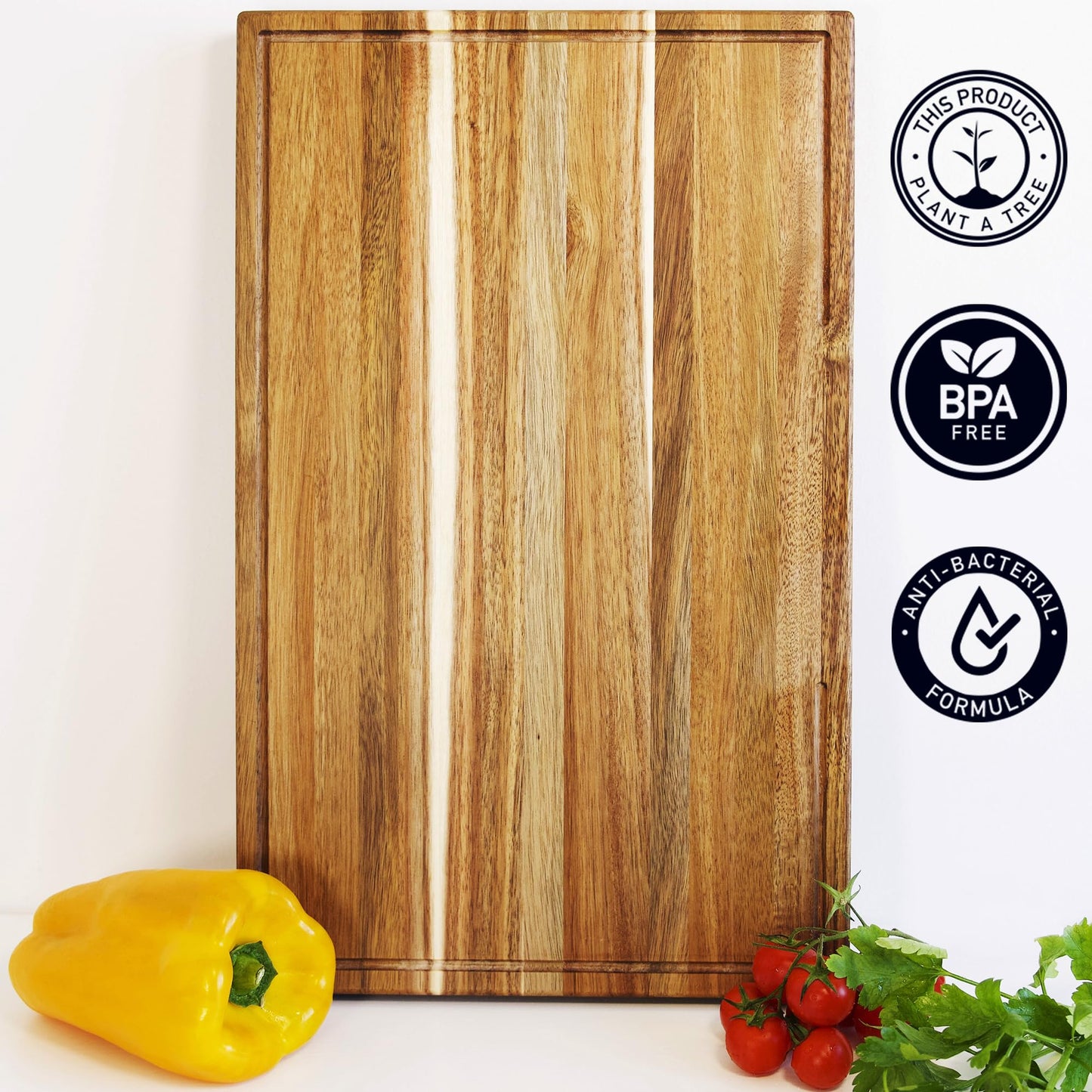 Acacia Cutting Board for Kitchen 19.7 x 12.2 Inch (ExtraThick 1.6") Non Toxic Wood Chopping Board for Meat, Cheese, Wooden Charcuterie Boards with Handle, Hardwood Butcher Block (Oil & Plate Included)