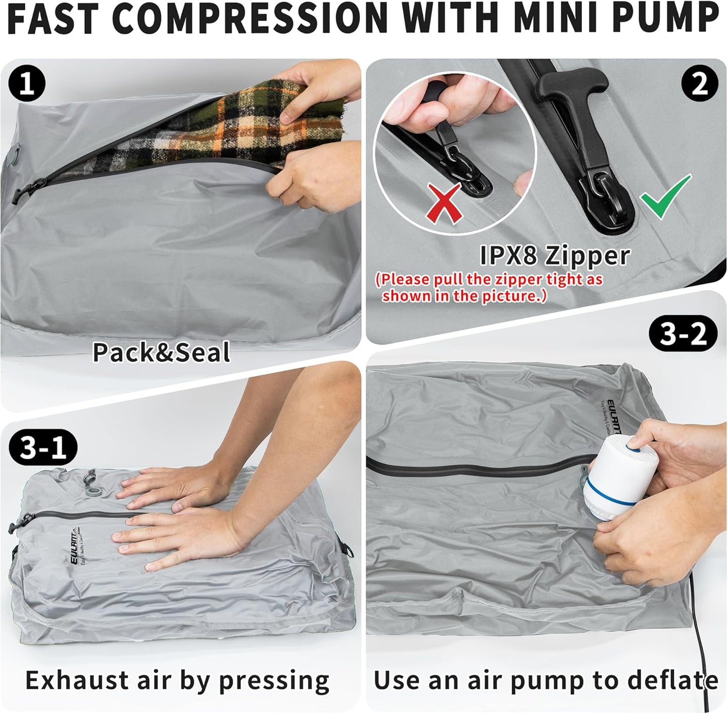 Skiennix Reusable Vacuum Bags - Waterproof IPX8 Compression Bags for Travel | 2 Pack, Gray