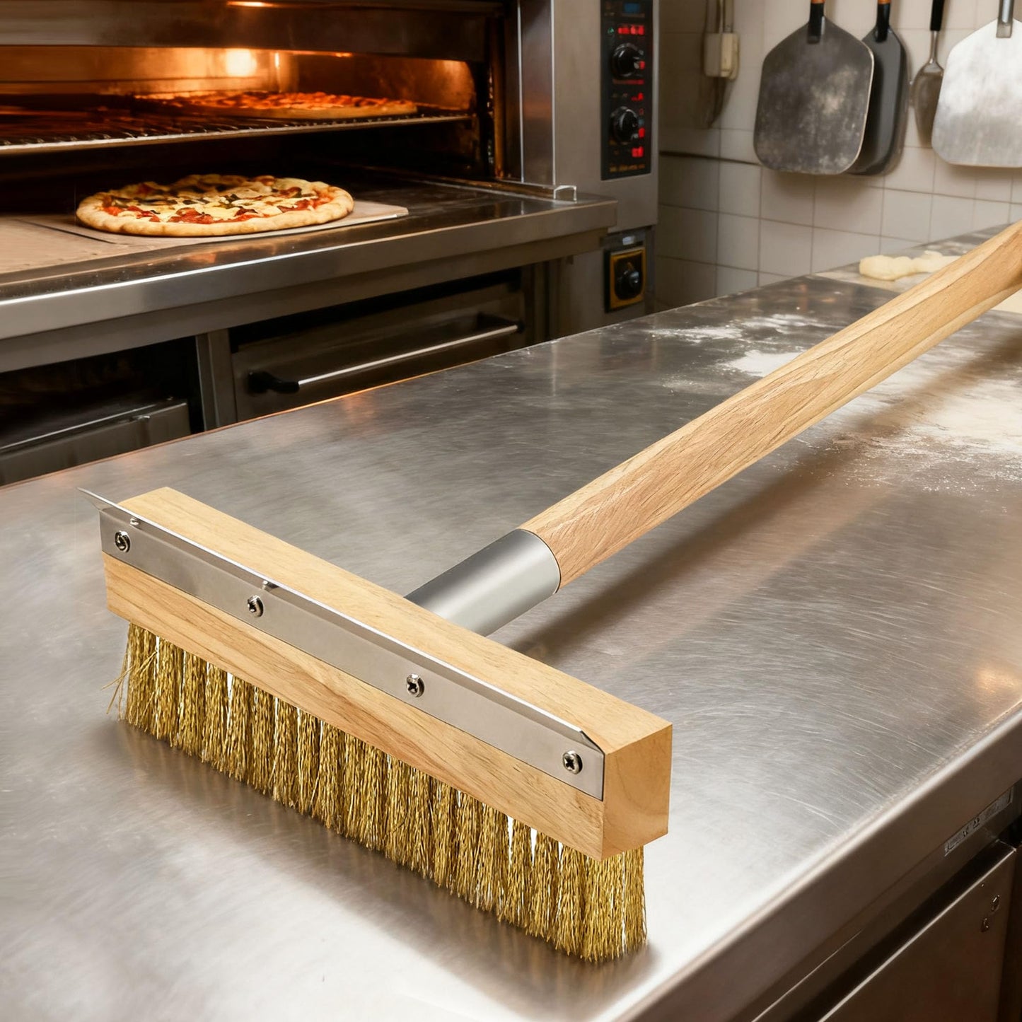 Commercial Oven Brush - Long Handle Pizza Oven Scraper Brush with Nylon & Brass Bristles for Grill & Bakery Cleaning