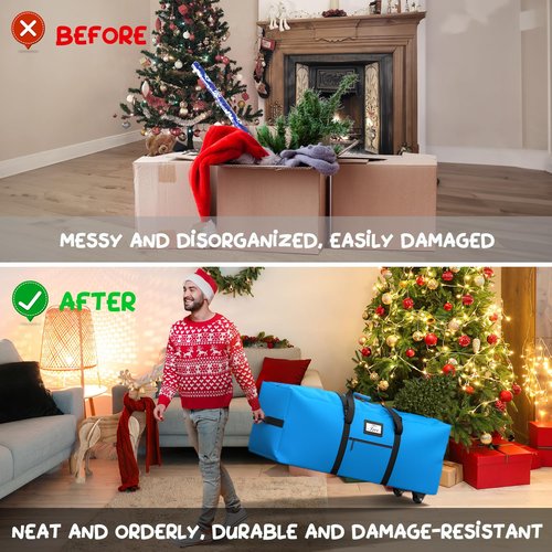 Mrrihand Christmas Tree Storage Bag, Large Artificial Anti-Tear Heavy-Duty 600D Oxford Cloth Xmax Christmas Tree Storage Box with Rolling Wheels, Christmas Tree Storage Container (Bright Blue, 9Ft)