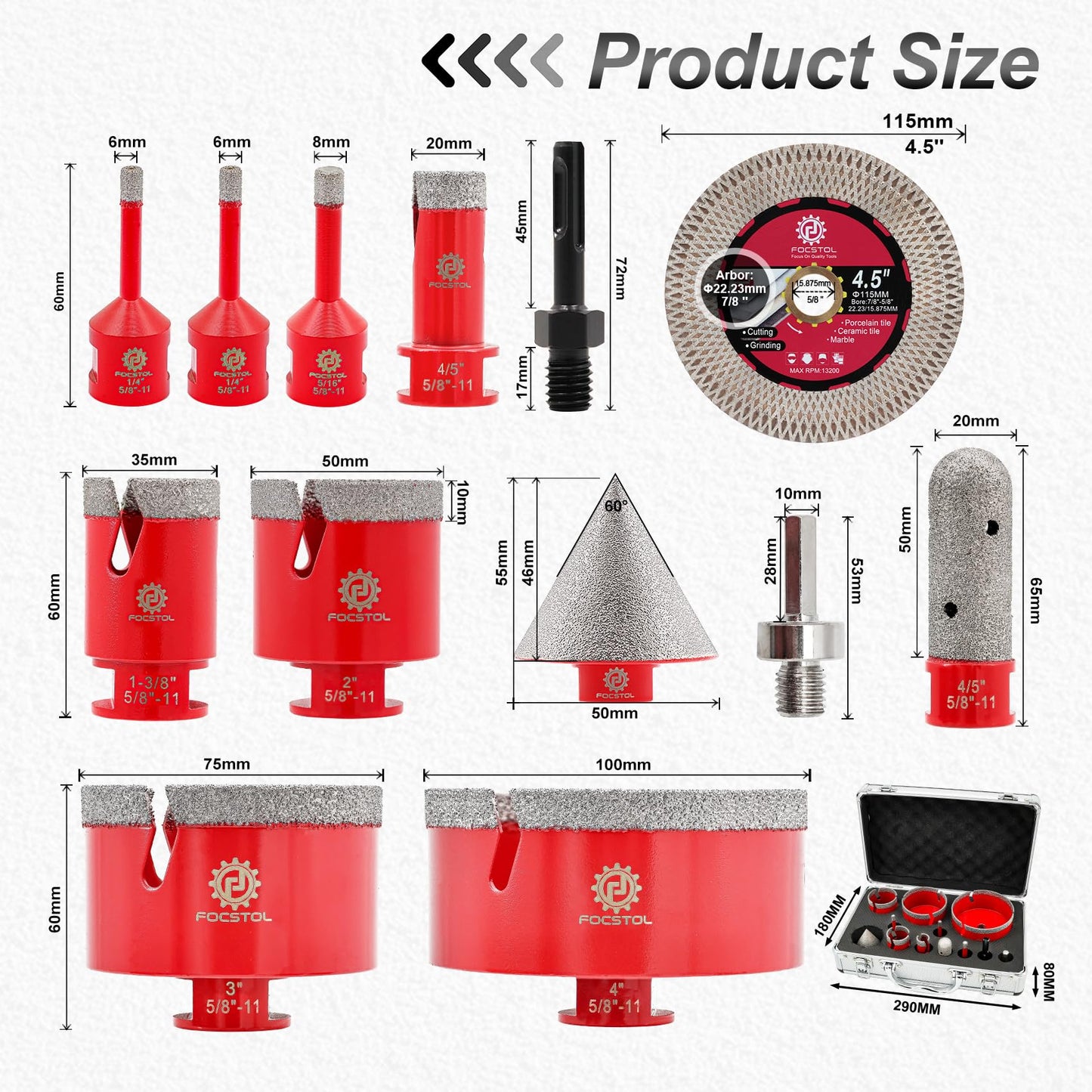 Diamond Tile Hole Saw Kit 13pcs - (6/6/8/20/35/50/75/100mm+20mm Milling Bit+50mm Beveling Chamfer Bit+Hex+SDS+115mm Saw Blade) Diamond Core Drill Bit Set for Porcelain Tile Ceramic Marble FOCSTOL