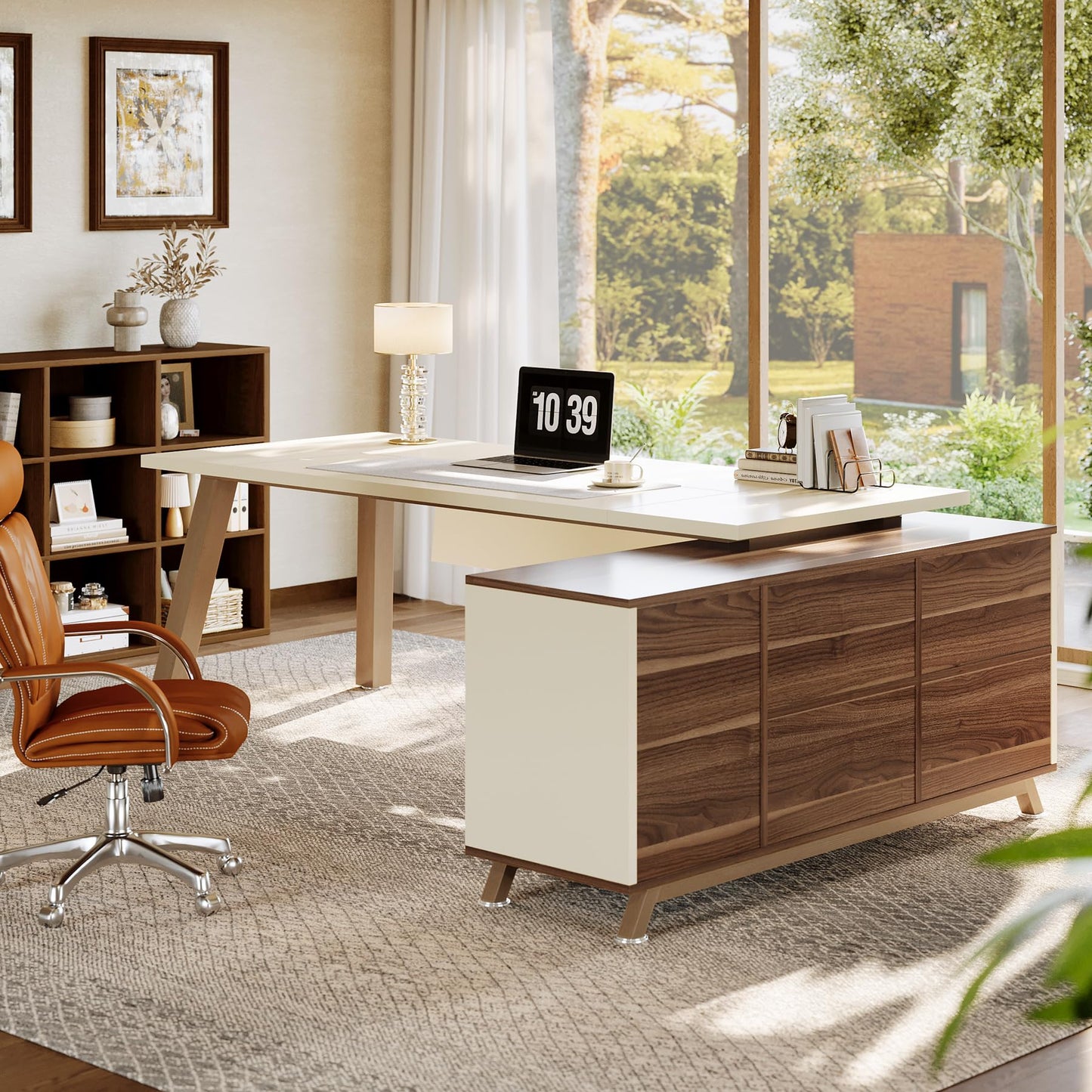Tribesigns 78.7" L-Shaped Executive Desk, Modern Office Desk with File Drawers & Storage Shelves, Large Computer Desk with 55-Inch Cabinet, Business Workstation for Home Office, Beige & Walnut