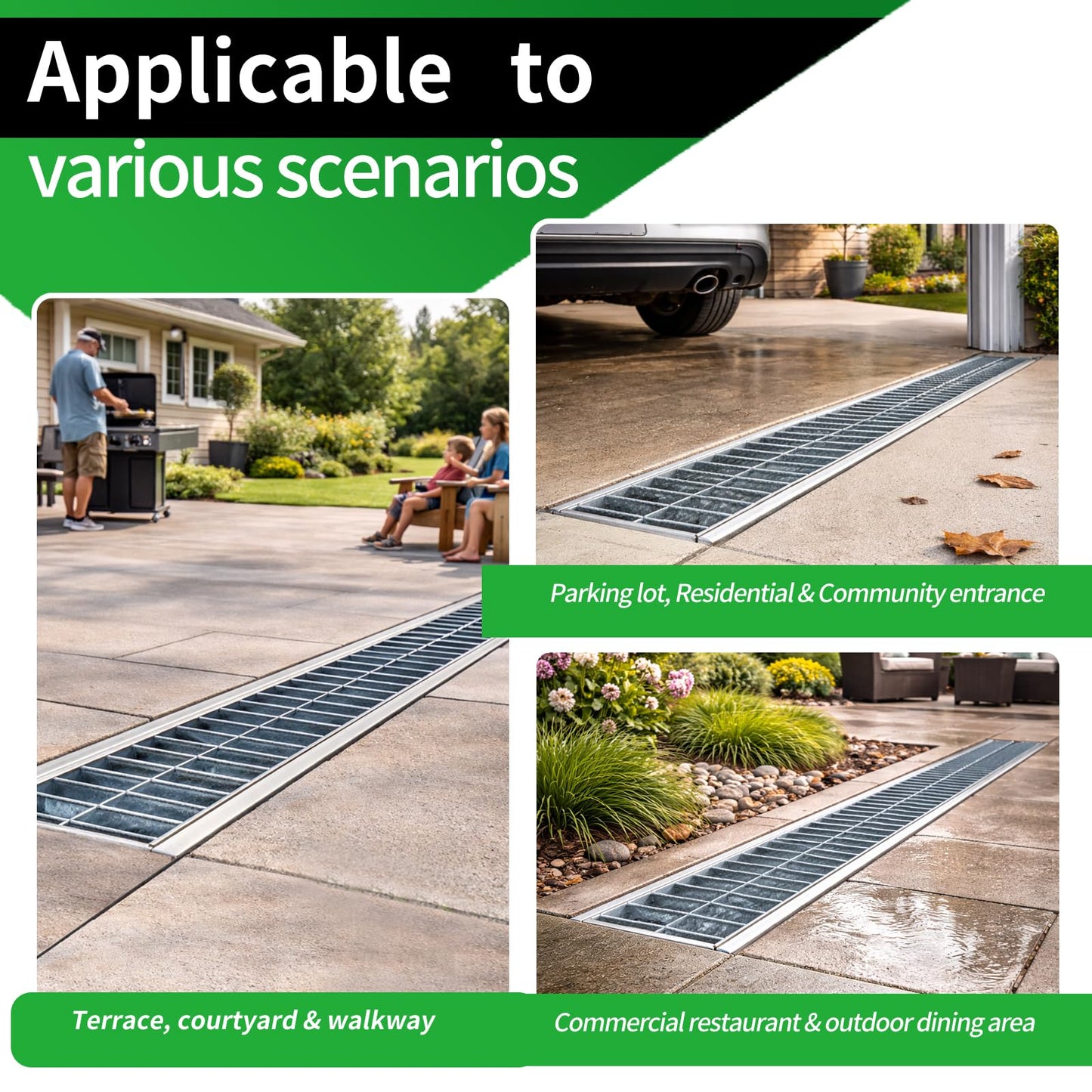 304 Stainless Steel Channel Drain with Galvanized Steel Drain Grate, Heavy-Duty B125 39.4×5.9×5.5in Trench Drain System for 3”Pipe, Channel Drain Kit for Driveway, Outdoor, Yard,Garage, Parking Lot