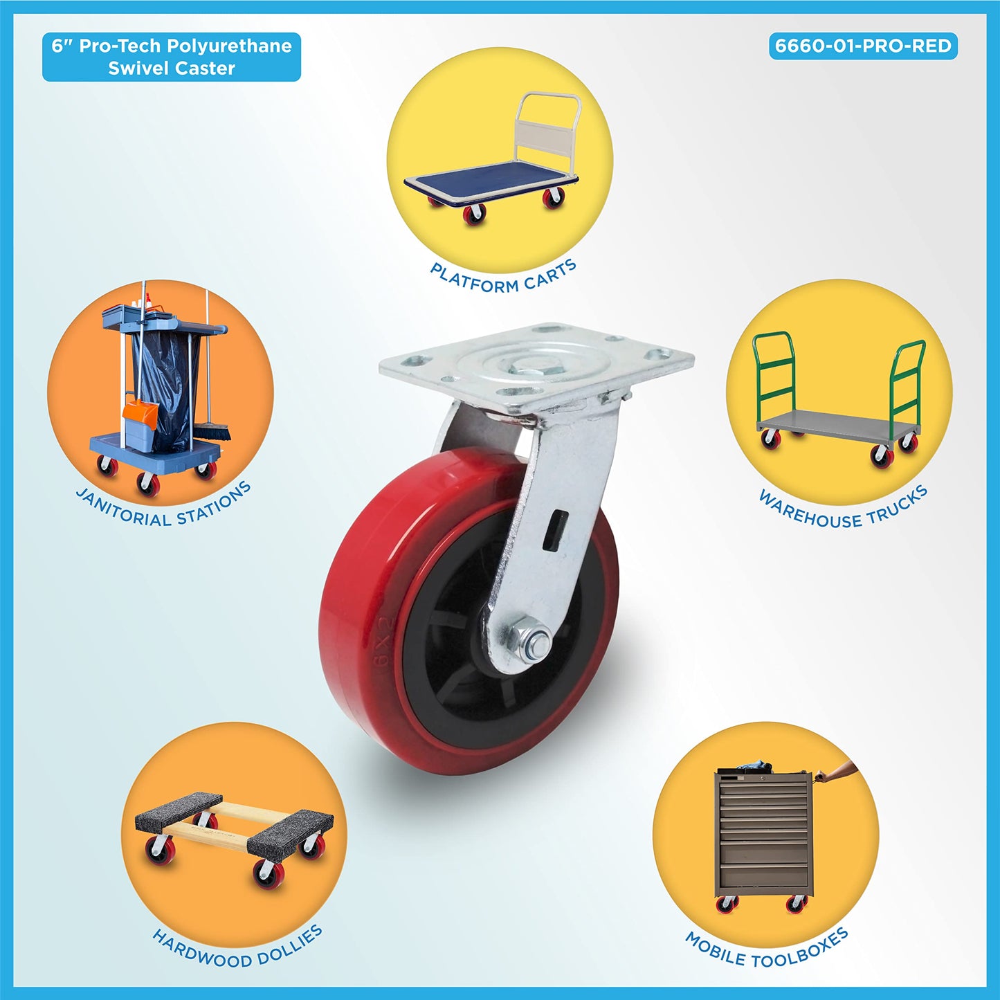 IconCasterWheels 6 inch PRO-TECH Polyurethane Non-Marking Heavy Duty Swivel Caster Wheels Set of 4-4 Swivel, 4" x 4.5" Top Plate, Industrial Plate Casters, 3600 LBS Load Capacity Per Set, Red
