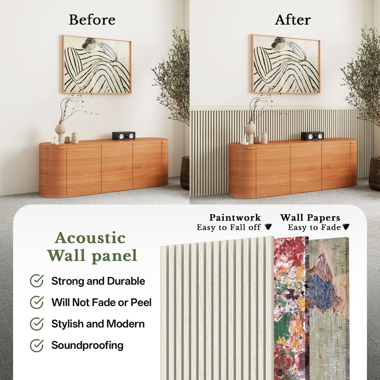 MISSDAY Wood Slat Acoustic Wall Panels, 4 Packs 47.2" x 23.6" White Soundproof Panel For Interior Wall Decor Noise Absorbing-3D Textured Wooden Panel Sound-Absorbing for Home, Office, Studio