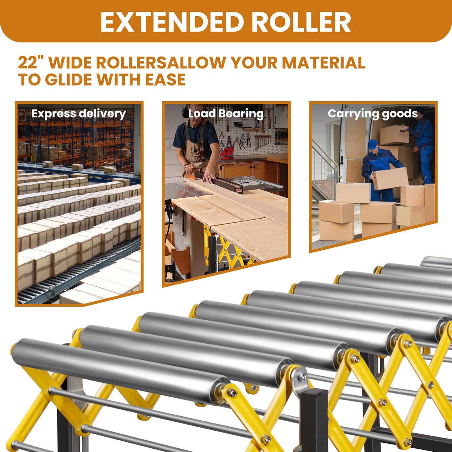 Connectable Conveyor Roller Stand - 660LBS Capacity, Adjustable Roller Conveyor, Built-in Hooks for Expandable Splicing (47-100in)