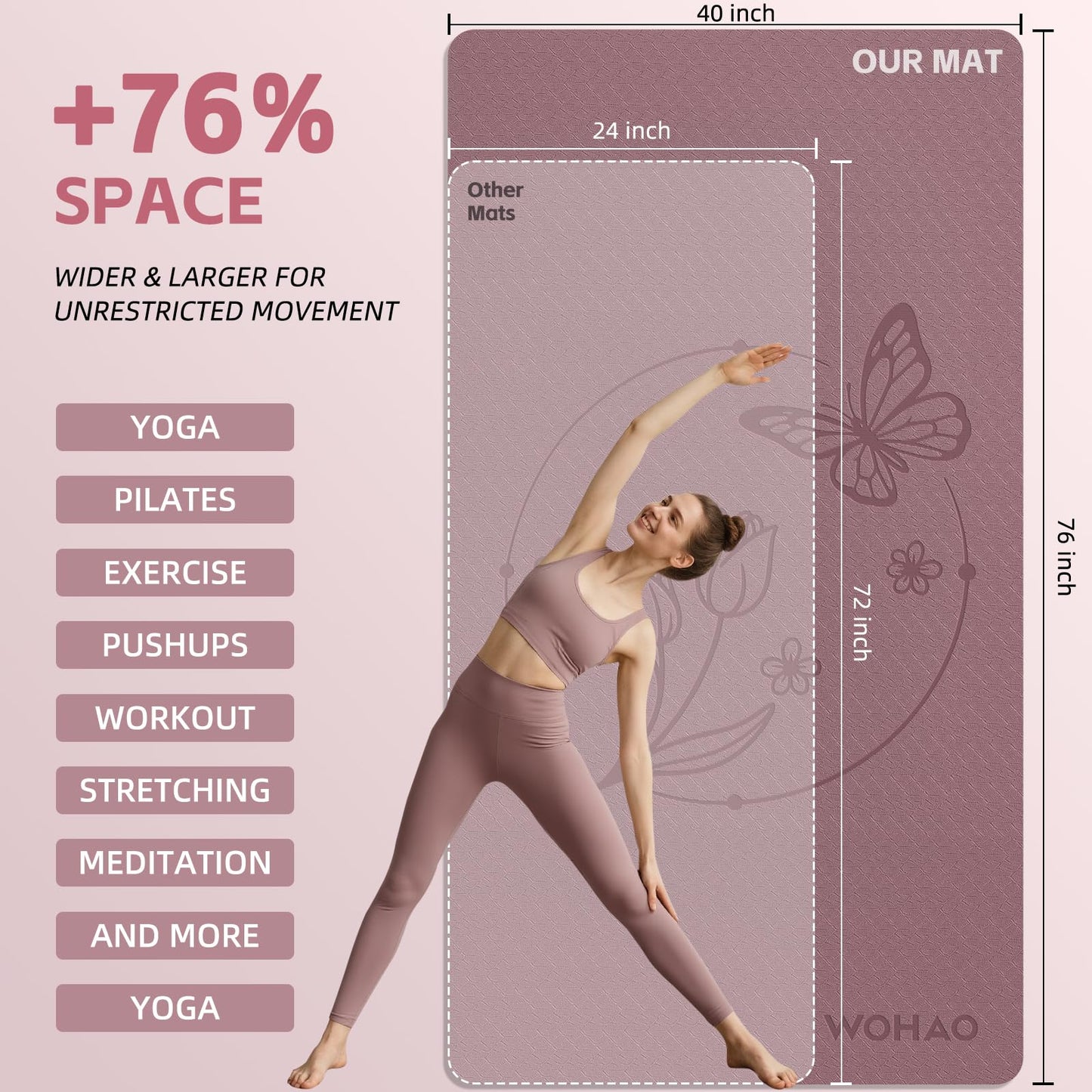 WOHAO Large 76"x40"x0.4" Yoga Mat - Extra Width & Thick Non-Slip Exercise Mat, Versatile for Stretching, Yoga Studio, Gym, Home & Indoor/Outdoor Workouts (Dull Pink)