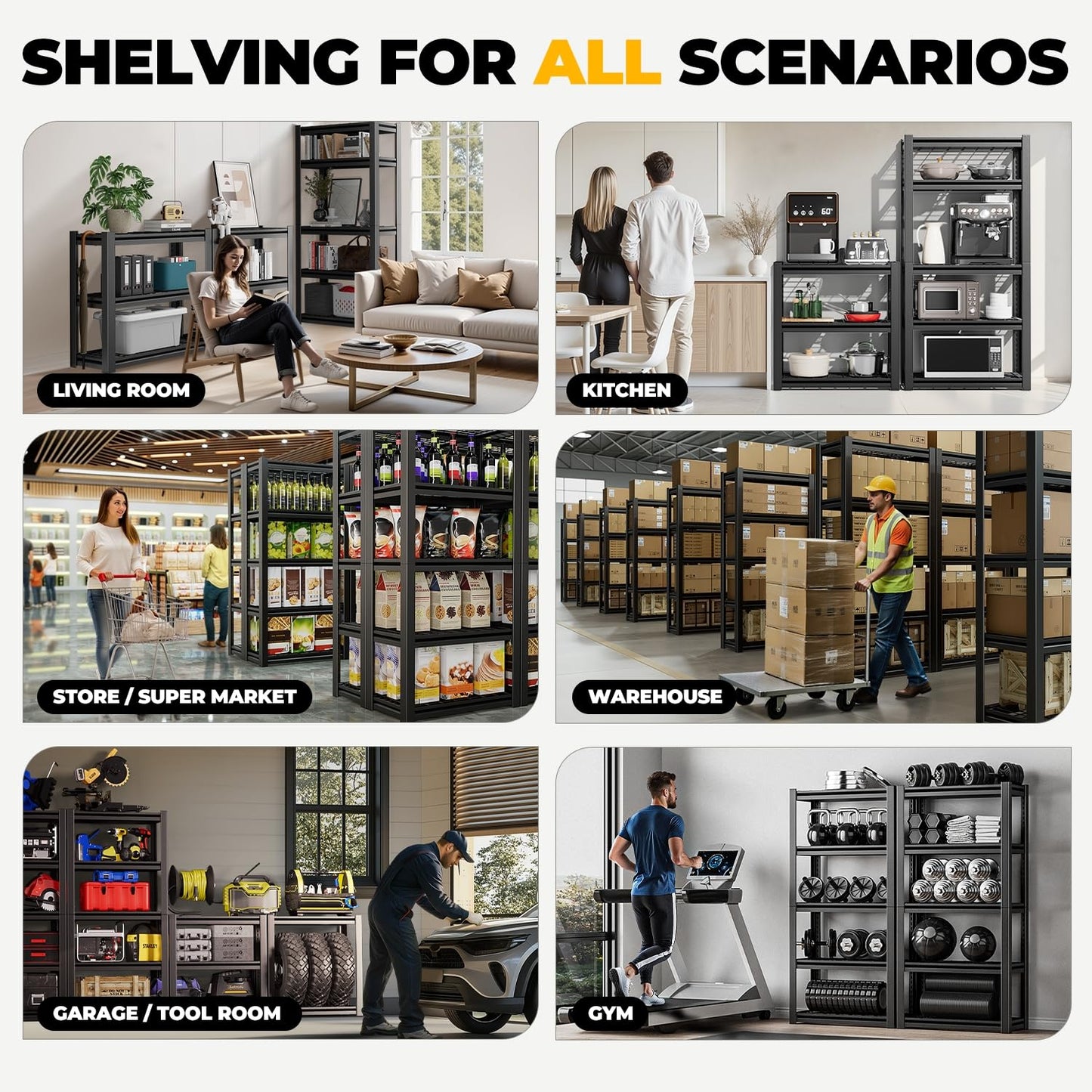 Auto Dynasty 5-Tier Storage Shelves Set of 2, 72" H (3000LBS Capacity) Adjustable Garage Shelving, Metal Storage Utility Rack Shelf Unit for Pantry Kitchen Warehouse, 72" H x 35" W x 16" D, Black