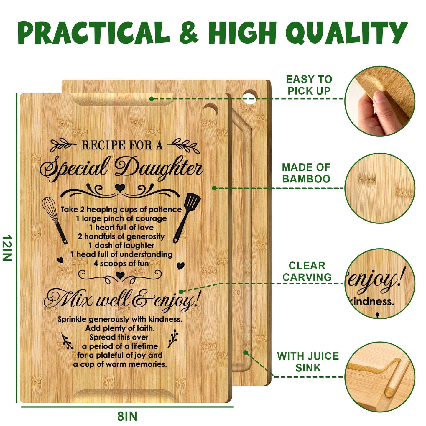Valentines Day Gifts for Daughter - 12X8 Bamboo Cutting Board with Card, Kitchen Decorations Gifts, Valentines Day Gifts for Daughter Adult from Mom Dad, Valentine's Gift for Daughters