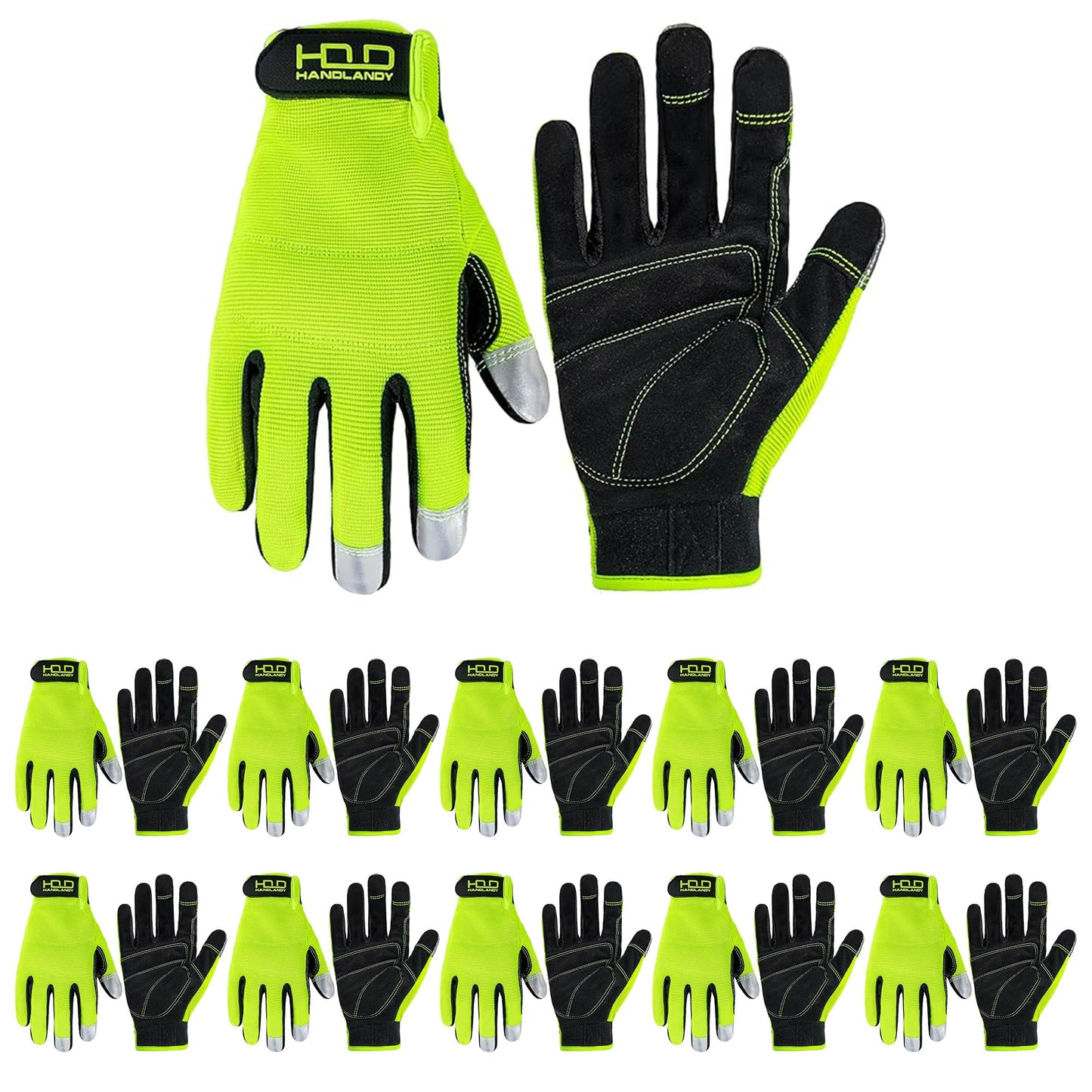HANDLANDY Mens Hi-vis Reflective Safety Work Gloves Touch screen, Pack of 10 Pairs Synthetic Leather Padded Utility Gloves