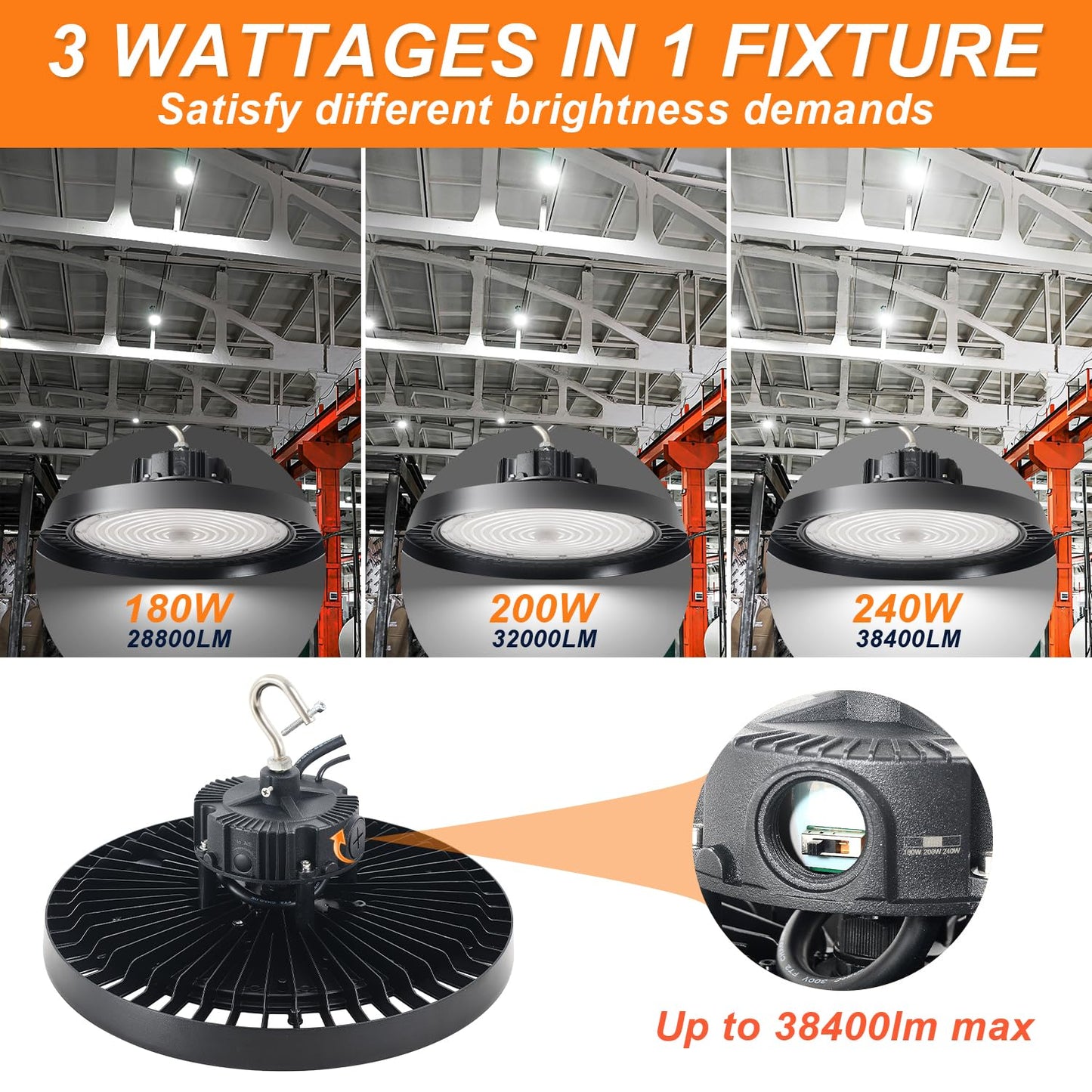 480V UFO LED High Bay Light 240W 200W 180W Adjustable, 0-10V Dimmable 5000K High Bay LED Shop Lights (1000W MH/HPS Equivalent), IP65 Commercial Bay Lighting for Warehouse Factory, AC 277-480V