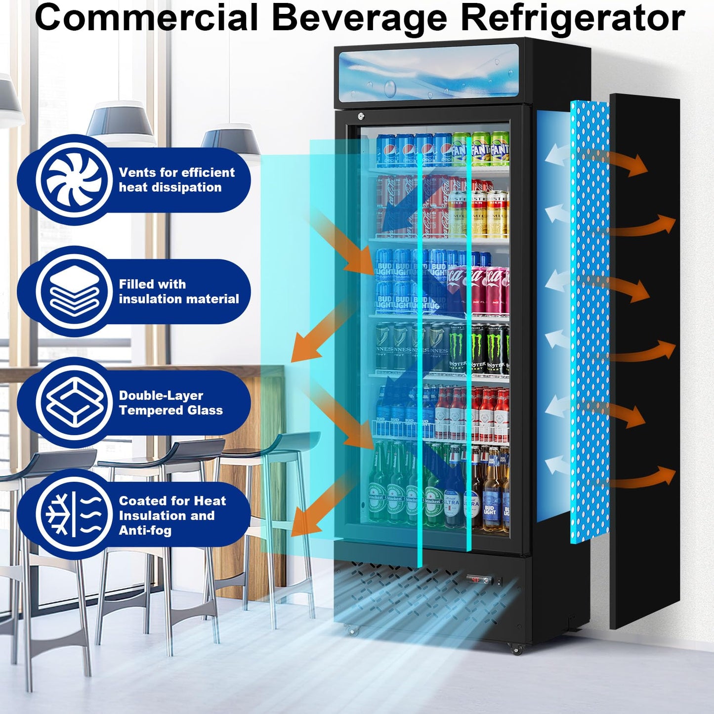 Beverage Cooler Commercial Refrigerator 15.2 Cu.Ft. Glass Door Display Refrigerator with LED Light, 5 Shelves, Display Commercial Beverage Refrigeratorfor Restaurant Cafe Bar Store (15.2 Cu.Ft.)