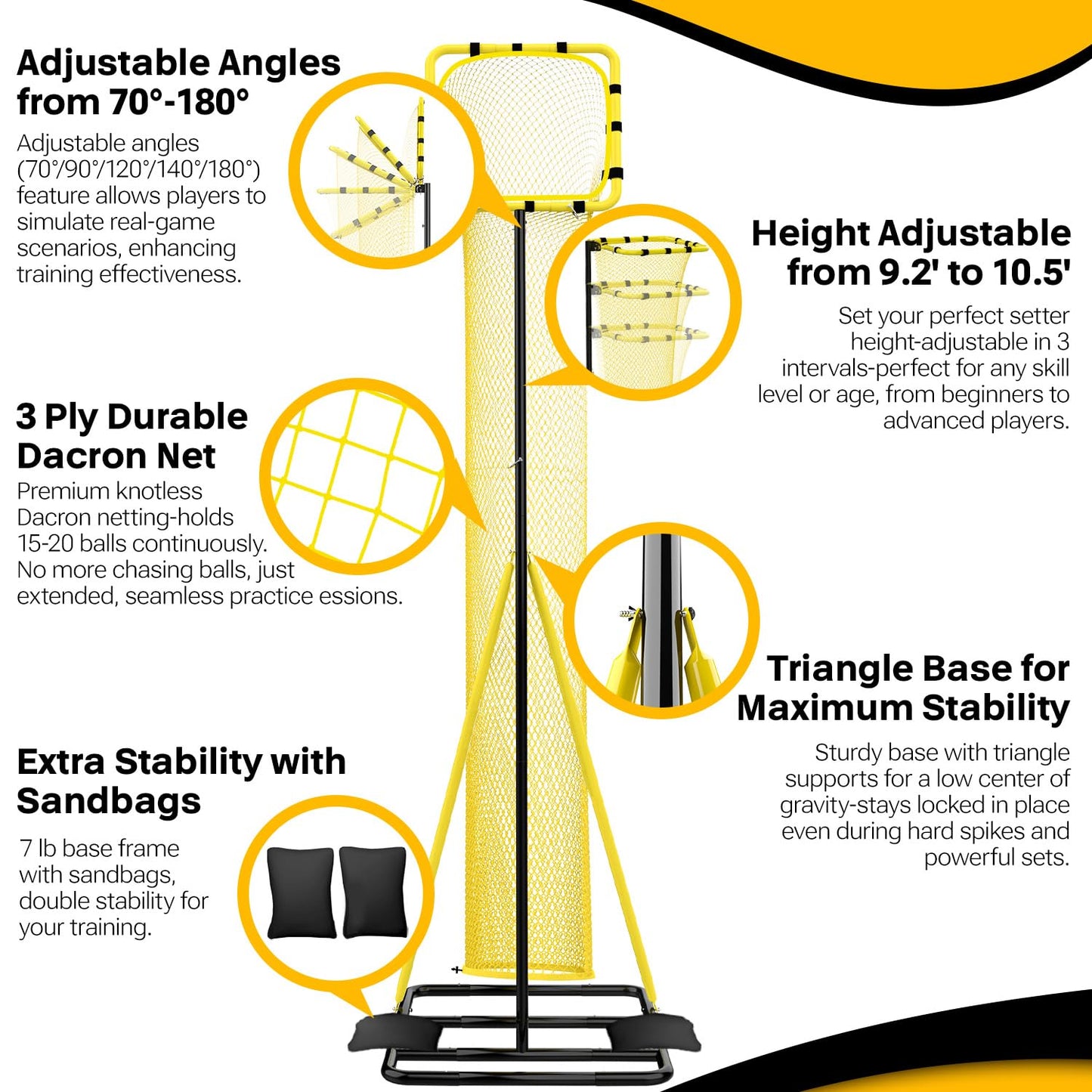 Dimples Excel 10.5 FT Adjustable Volleyball Setter Training Net with 3 Height Levels and 5 Ball Return Angles (70°–180°), Includes Volleyball, Pump, Carry Bag & Sandbags for Indoor/Outdoor Practice