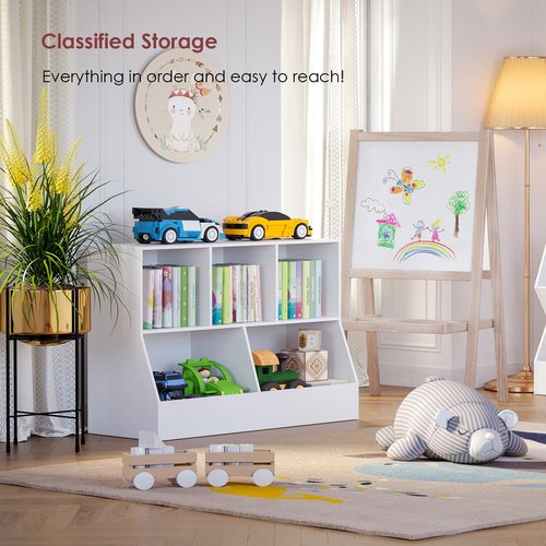 DINZI LVJ Toy Storage Organizer, Kids Bookshelf, Wood Toy Storage Cabinet, 5 Cubby Children Bookcase, 43.3" L Toddler Book Shelf for Playroom, Living Room, Nursery, Hallway, School, White