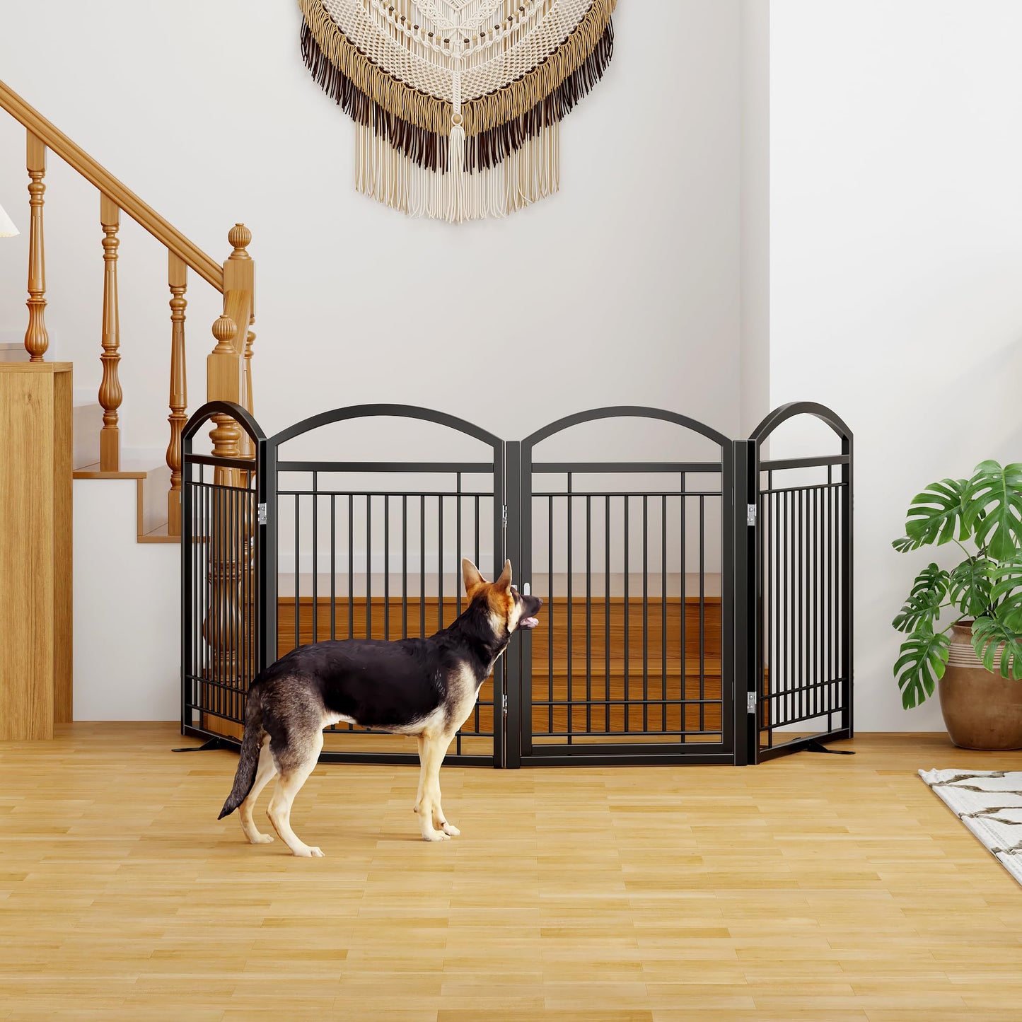 THKKY Folding No-Assembly Metal Freestanding Dog Gate with Door Walk Through,32" Height Pet Fence,96" Extra Wide Accordion Puppy Folding Playpen for Doorways,House,Stairs (4 Panels,Black)