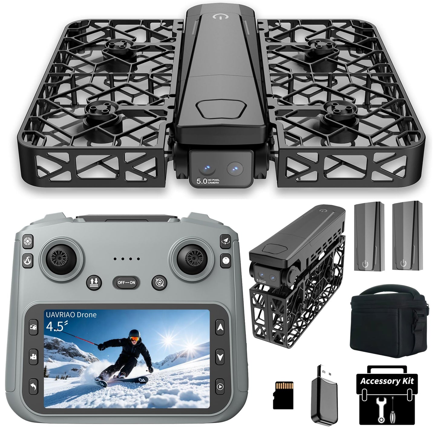 UAVRIAO Foldable Pocket Mini Drone with 2K Camera, Auto Follow, Selfie Drone, Screen Remote Control, One-Key Takeoff/Landing, 360-Degree Mesh Protection, Stunt Mode Suitable for Adult Beginners