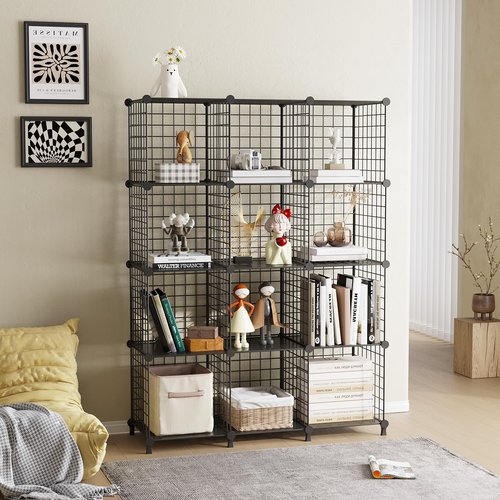 ATTDETJL 12-Cube Storage Organizer, Metal Wire Cube Shelving Unit, 11.8" L x 11.8" W x 11.8" H, Modular Grid Bookshelf for Closet, Bedroom, Office, Black ATTJL12B